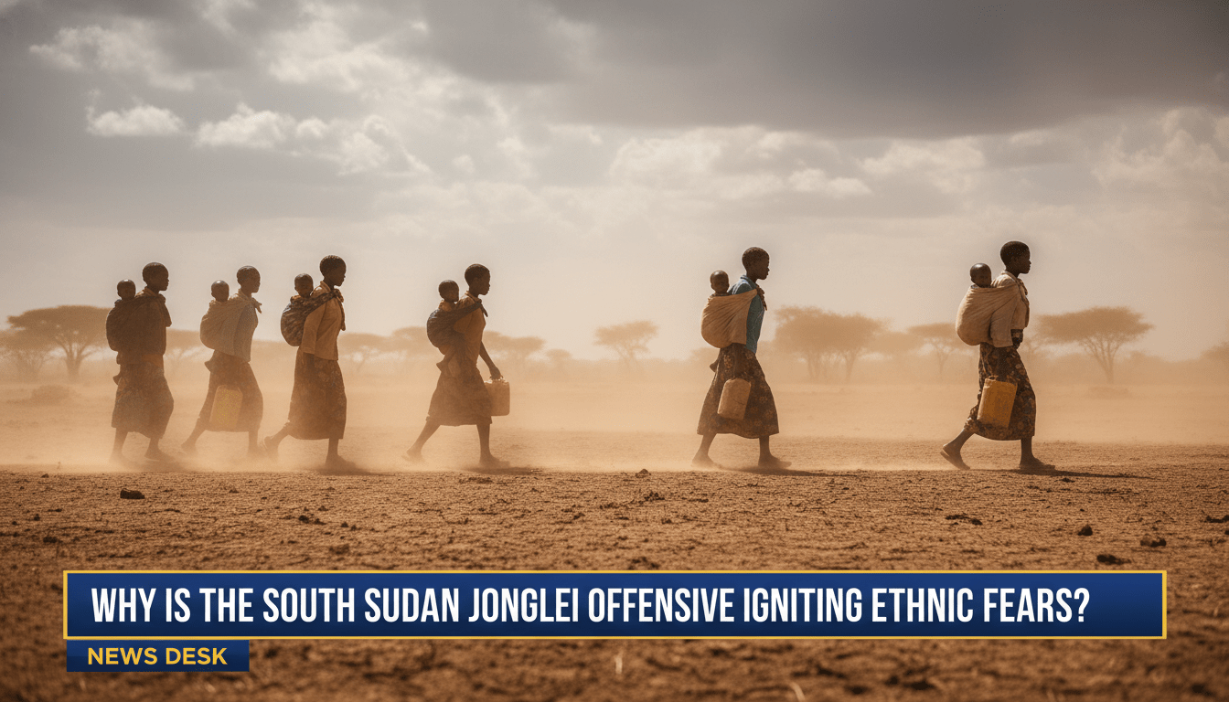 A cinematic, photorealistic editorial scene depicting a group of South Sudanese civilians, including women and children carrying modest belongings, walking across the vast, dusty savanna of Jonglei State under a hazy, dramatic sky. The atmosphere is solemn and heavy with the weight of displacement, captured with a shallow depth of field and natural, dust-filtered sunlight. The image is framed as a high-quality news broadcast still. At the bottom of the frame, there is a professional, high-contrast TV news lower-third banner in deep blue and gold. The banner features bold, white, legible text that reads: "Why is the South Sudan Jonglei Offensive Igniting Ethnic Fears?".
