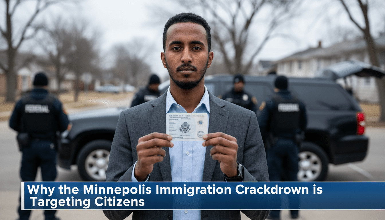 A cinematic, photorealistic editorial news photograph of a young Somali-American man standing on a street in a Minneapolis neighborhood. He has a serious and dignified expression, holding a U.S. Passport card toward the camera to show his citizenship. In the blurred background, several generic law enforcement officers in dark tactical vests with "FEDERAL" written on them stand near a dark SUV under a cold, overcast sky. The shot uses a shallow depth of field and professional broadcast lighting. At the bottom of the frame, there is a bold, high-contrast TV news lower-third banner with the text: "Why the Minneapolis Immigration Crackdown is Targeting Citizens".