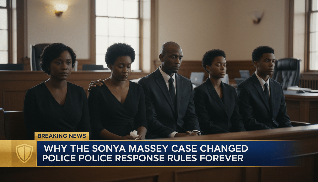 Cinematic, photorealistic news broadcast frame. In the background, a somber African American family sits in a dignified, sunlit courtroom, their expressions reflecting a mix of grief and solemnity. The shot is an editorial-style medium shot with a shallow depth of field, focusing on the emotional weight of the setting. At the bottom of the screen, a professional, high-contrast TV news lower-third banner with a dark blue and gold color scheme. The banner features bold, white, highly legible sans-serif text that reads exactly: "Why the Sonya Massey Case Changed Police Response Rules Forever". The lighting is soft and naturalistic, creating a serious and respectful news-cycle atmosphere.