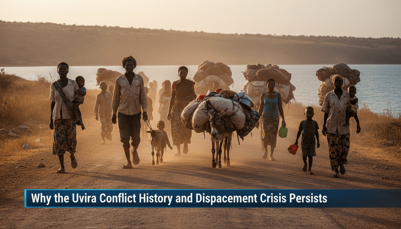 Cinematic, photorealistic editorial news photography capturing a group of Congolese families traveling along a dusty road on the outskirts of Uvira near the shores of Lake Tanganyika. The scene depicts several African men, women, and children carrying heavy bundles of belongings and leading livestock, reflecting a somber displacement crisis. The lighting is natural and dramatic, highlighting the textures of the clothing and the hilly landscape in the background. In the bottom third of the frame, there is a bold, professional TV news lower-third banner. The banner features high-contrast, legible white text that reads: "Why the Uvira Conflict History and Displacement Crisis Persists". The overall composition follows a high-quality broadcast news aesthetic, with a sharp focus on the subjects and a shallow depth of field.