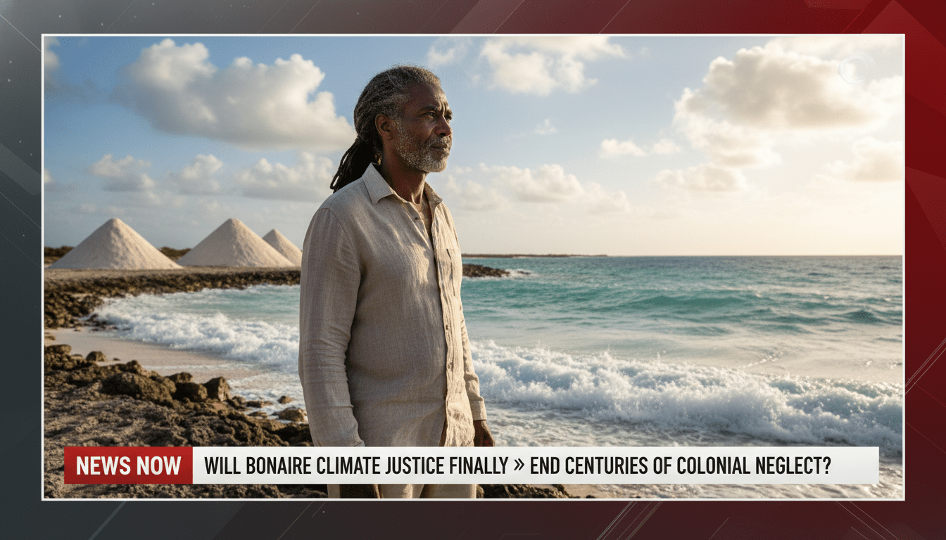 A photorealistic editorial news broadcast still. The scene features a dignified Afro-Caribbean resident standing on a coastal stretch of Bonaire, looking out toward the rising turquoise waves of the Caribbean Sea with a somber and determined expression. In the background, historical white salt pyramids are visible under a bright, cinematic sky, symbolizing the island's colonial past. The composition is framed as a high-quality television news segment. At the bottom of the frame, there is a professional, bold, high-contrast TV news lower-third banner with legible text that reads exactly: "Will Bonaire Climate Justice Finally End Centuries of Colonial Neglect?". The lighting is natural and dramatic, emphasizing the environmental urgency and cultural heritage of the community.