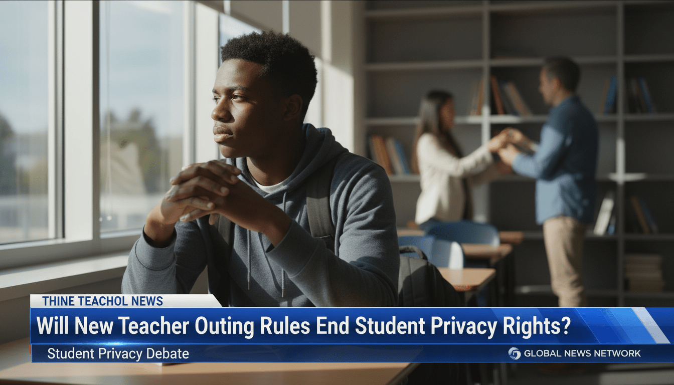 Cinematic editorial photography in a professional TV news broadcast style. The scene depicts a pensive African American high school student sitting in a modern, sunlit classroom, looking thoughtfully out of a window. In the softly blurred background, a diverse teacher is seen organizing books on a shelf, representing the school environment. The lighting is natural and high-quality, creating a serious and contemplative atmosphere. At the bottom of the frame is a professional, high-contrast TV news lower-third banner with a sleek graphic design. The banner contains bold, white, legible text that reads exactly: "Will New Teacher Outing Rules End Student Privacy Rights?"
