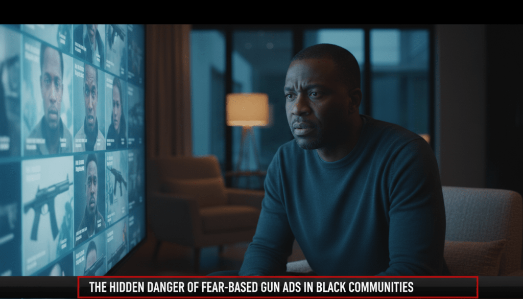 A cinematic, photorealistic news broadcast-style image showing a medium shot of an African American man in his 40s looking concerned while looking at a series of glowing advertisements on a digital screen in a modern home setting. The lighting is dramatic and moody, with cool blue tones and warm highlights, capturing a sense of serious reflection and community concern. The composition follows professional editorial framing for a television news segment. At the bottom of the frame, there is a sleek, professional TV news lower-third banner with a high-contrast color scheme. The text on the banner is bold and reads exactly: "The Hidden Danger of Fear-Based Gun Ads in Black Communities".