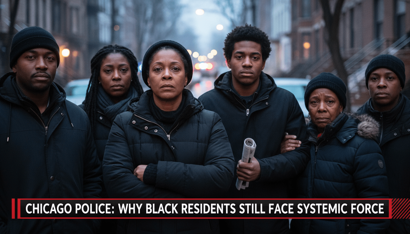 Cinematic, photorealistic editorial news shot of a group of concerned African American residents standing together on a Chicago city sidewalk at twilight. In the background, the blurred glow of blue and red emergency lights reflects off the brick facades of historic brownstones and the pavement. The mood is somber and serious, captured with a shallow depth of field. The image features a professional, high-contrast TV news lower-third graphic at the bottom with bold, legible text that reads: "Chicago Police: Why Black Residents Still Face Systemic Force"
