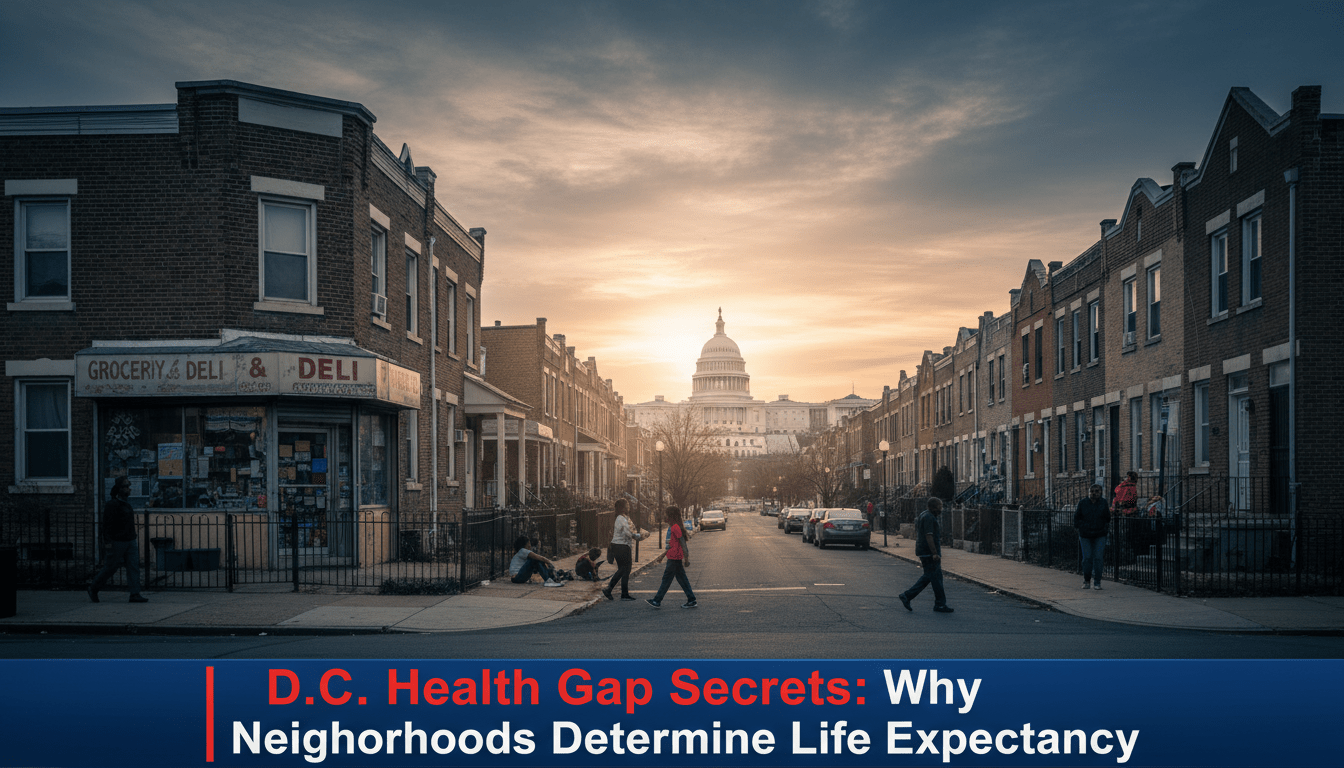 A cinematic, photorealistic editorial news photograph depicting the geographic divide in Washington, D.C. The scene features a residential street in a predominantly African American neighborhood in Ward 8, with brick rowhouses and a local corner store in the foreground. In the far distance, the white dome of the U.S. Capitol building is visible, creating a sharp visual contrast between the local community and the seat of federal power. The lighting is a somber, late-afternoon sun, reflecting a serious news broadcast tone. At the bottom of the frame, there is a professional, bold TV news lower-third banner with high-contrast colors. The text on the banner is clear and legible, reading exactly: "D.C. Health Gap Secrets: Why Neighborhoods Determine Life Expectancy".