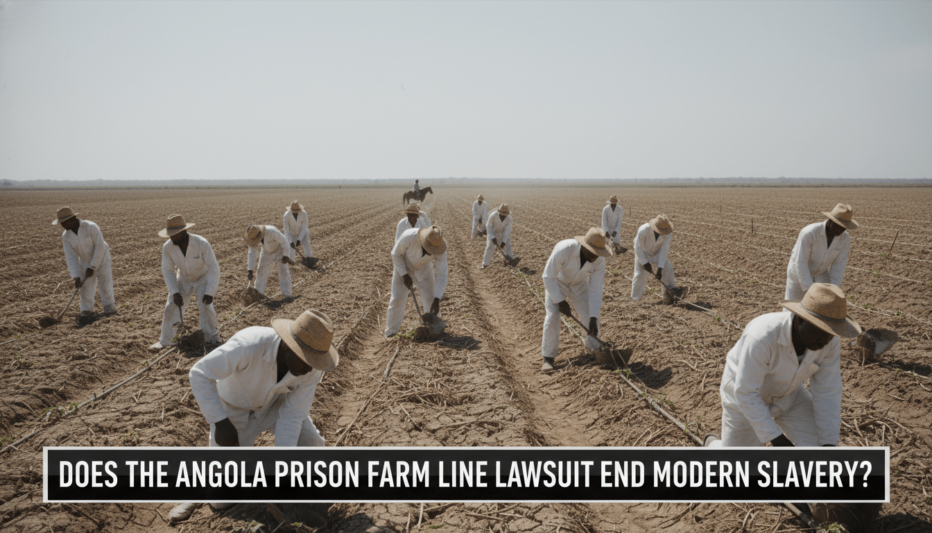 Cinematic editorial news broadcast photography. A wide-angle, photorealistic scene of a group of African American men in simple white work uniforms laboring in a vast, sprawling agricultural field under a bright, oppressive sun. The air shimmers with a visible heat haze, suggesting extreme temperature. In the distant background, a figure on horseback monitors the group against a flat Louisiana horizon. The composition is high-detail and solemn, reflecting a serious news investigative tone. At the bottom of the frame, there is a professional, bold TV news lower-third banner with high-contrast text that reads exactly: "Does the Angola Prison Farm Line Lawsuit End Modern Slavery?"