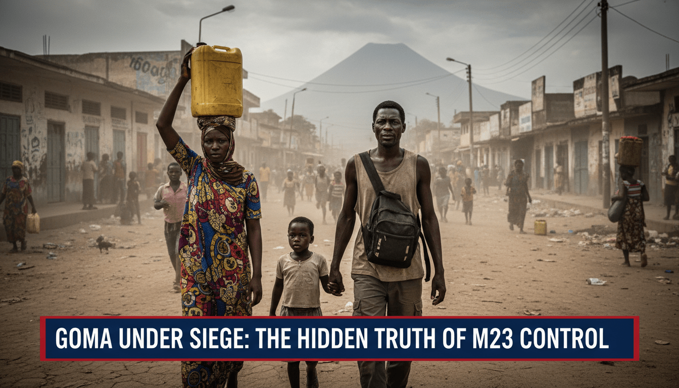 Cinematic, photorealistic editorial news shot of a street in Goma, Democratic Republic of Congo. The scene features Congolese civilians, including a woman carrying a yellow plastic jerrycan and a man with a weary, resilient expression, walking through a dusty urban environment. In the distance, the silhouette of a volcano rises against a somber, overcast sky, reflecting a mood of tension and survival. The lighting is natural and dramatic, capturing the gritty reality of a city in crisis. At the bottom of the frame, a bold, high-contrast TV news lower-third banner in deep blue and red features white, legible sans-serif text that reads exactly: "Goma Under Siege: The Hidden Truth of M23 Control".