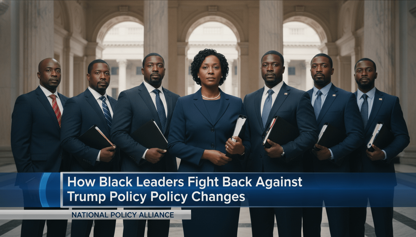 Editorial news broadcast style, wide shot. A group of African American professional leaders, including a woman in a sharp business suit in the center and several men in formal attire, standing together in a stately government hall with marble columns and soft, cinematic lighting. They appear united and determined, holding leather-bound legal folders and policy documents. The background features a soft-focus view of a public square. A high-quality, high-contrast TV news lower-third banner is overlaid at the bottom with bold, legible text that reads: "How Black Leaders Fight Back Against Trump Policy Changes".
