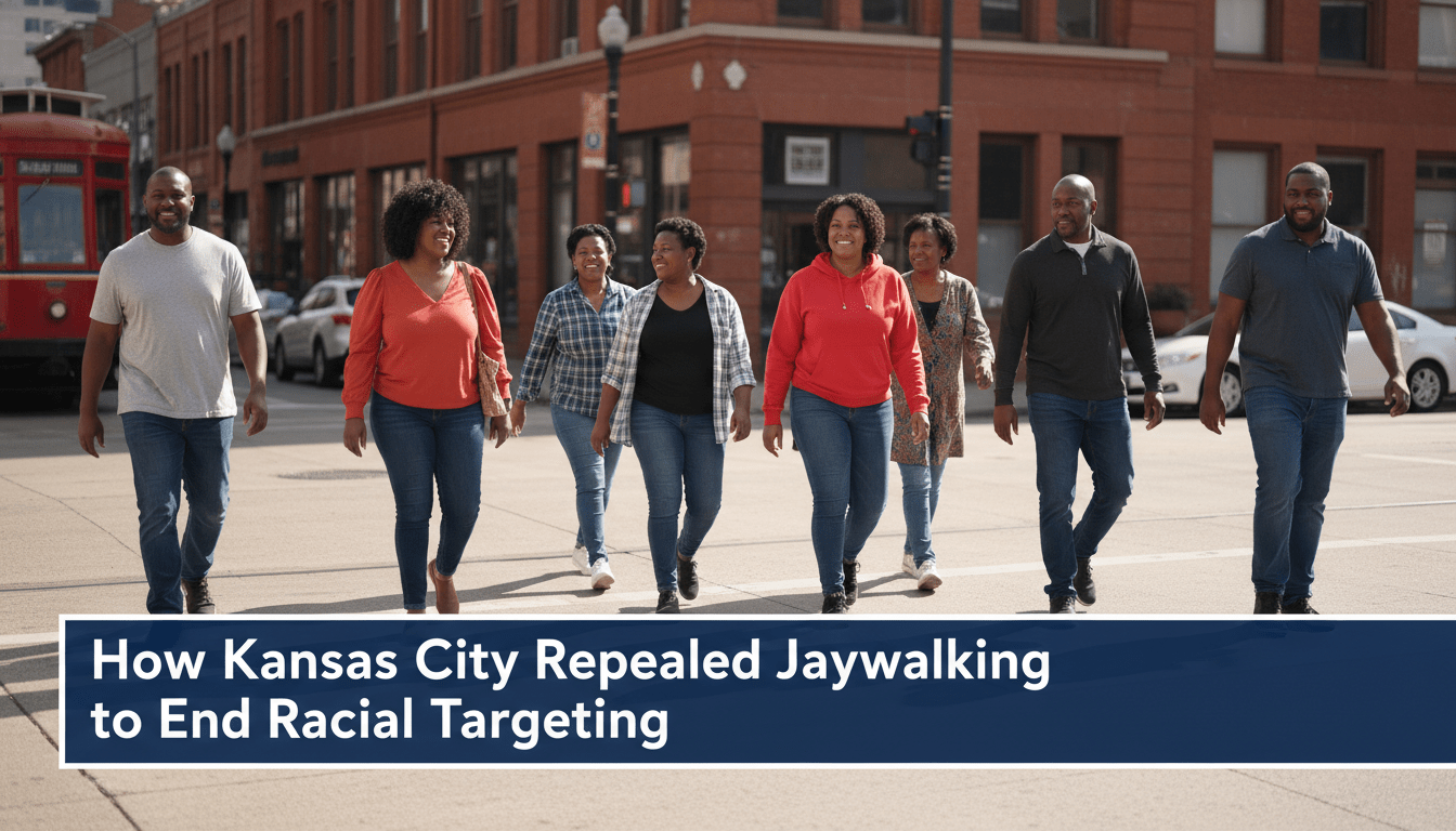 A high-quality, cinematic editorial news photograph of a diverse group of pedestrians, primarily African American men and women of various ages, walking confidently and freely across a sun-drenched urban street in a city neighborhood. The background features brick buildings and city life, captured with a professional 35mm lens and a shallow depth of field. The mood is hopeful and community-focused. At the bottom of the frame is a sleek, professional TV news lower-third graphic. The banner is a high-contrast navy blue with a sharp white border, featuring bold, legible white typography that reads exactly: "How Kansas City Repealed Jaywalking to End Racial Targeting"
