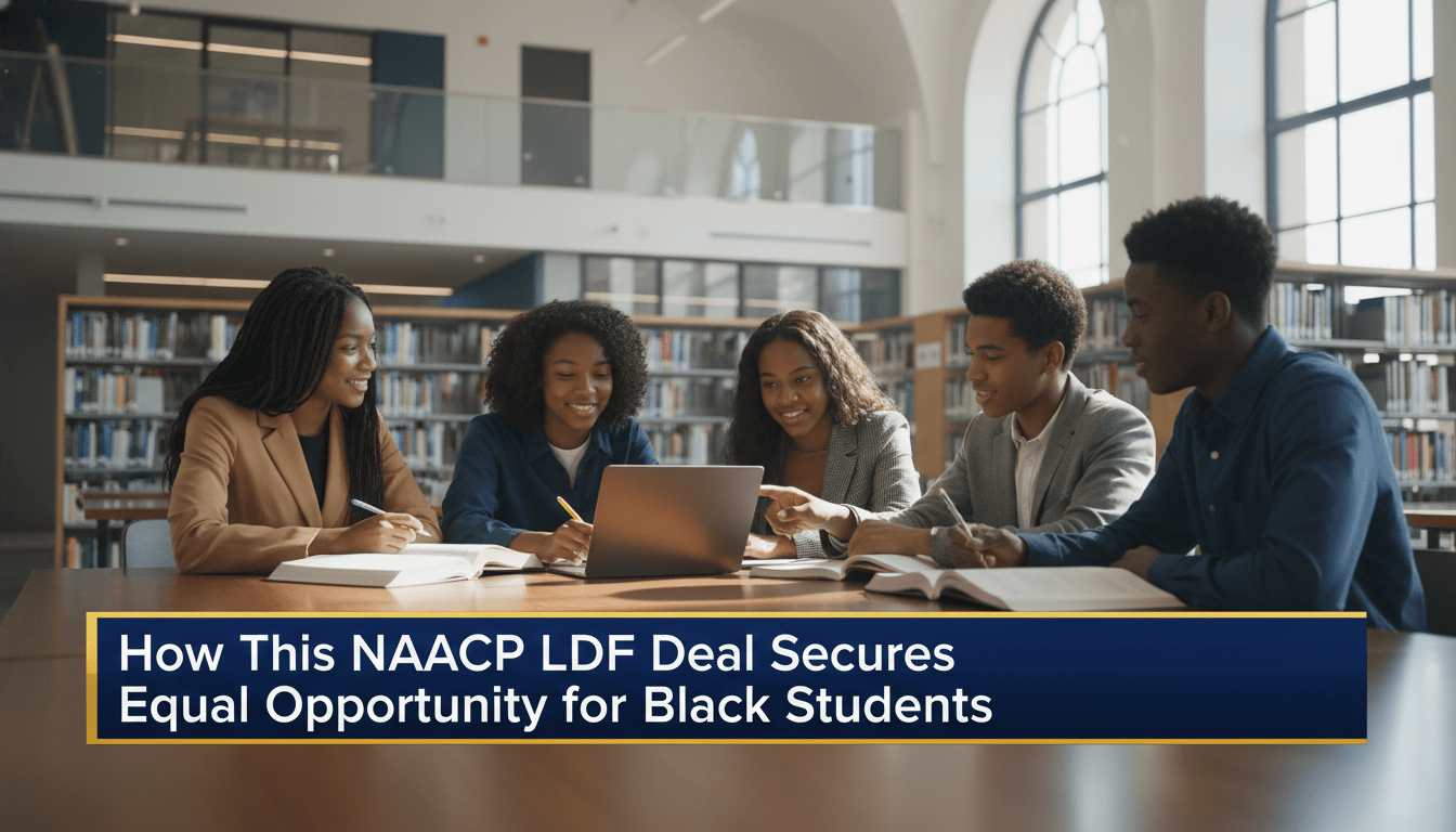 A cinematic, photorealistic editorial news shot of a group of African American high school students in a modern, sunlit library, looking focused and empowered as they study together. The background shows soft-focus shelves of books and a professional educational setting, symbolizing progress and academic opportunity. The framing is in the style of a high-quality television news broadcast. At the bottom of the frame is a professional, high-contrast lower-third banner in navy blue and gold with bold white text that reads exactly: "How This NAACP LDF Deal Secures Equal Opportunity for Black Students". 8k resolution, broadcast lighting, shallow depth of field.