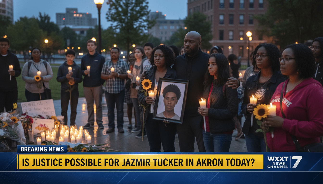 A cinematic, photorealistic news broadcast-style image showing a somber African American family and community members gathered at a peaceful evening vigil on a city street at dusk. The scene is shot with high-end editorial photography techniques, featuring soft, dramatic lighting from flickering candles and city streetlamps. The atmosphere is solemn and heavy with emotion, reflecting a community in mourning. At the bottom of the frame, there is a professional, high-contrast TV news lower-third graphic with a bold, modern banner. The text on the banner reads exactly: "Is Justice Possible for Jazmir Tucker in Akron Today?". The typography is clean, bold, and highly legible against a dark, professional background.