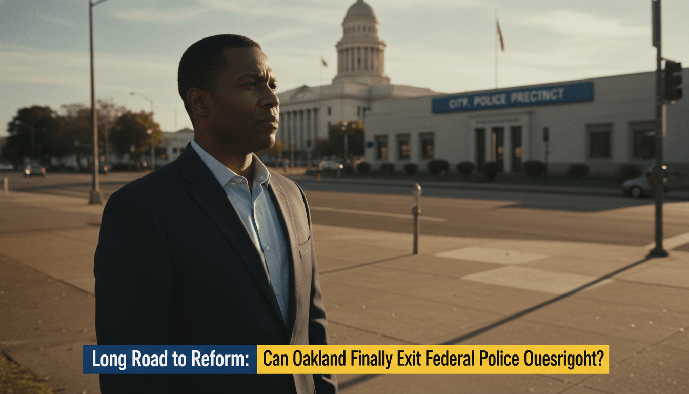 Cinematic, photorealistic editorial-style image depicting a serious and reflective African American man in his 40s standing on a West Oakland city street, looking toward a local municipal building in the distance. The lighting is warm late-afternoon sun, casting long shadows that symbolize the "long road" of the story. In the soft-focus background, a city police precinct is visible under a clear sky. The scene is framed as a high-quality news documentary still, capturing a mood of solemnity and the hope for justice. At the bottom of the frame, there is a bold, professional TV-news style lower-third banner with high-contrast colors. The banner features the exact legible text: "Long Road to Reform: Can Oakland Finally Exit Federal Police Oversight?". 8k resolution, sharp focus, editorial photography.