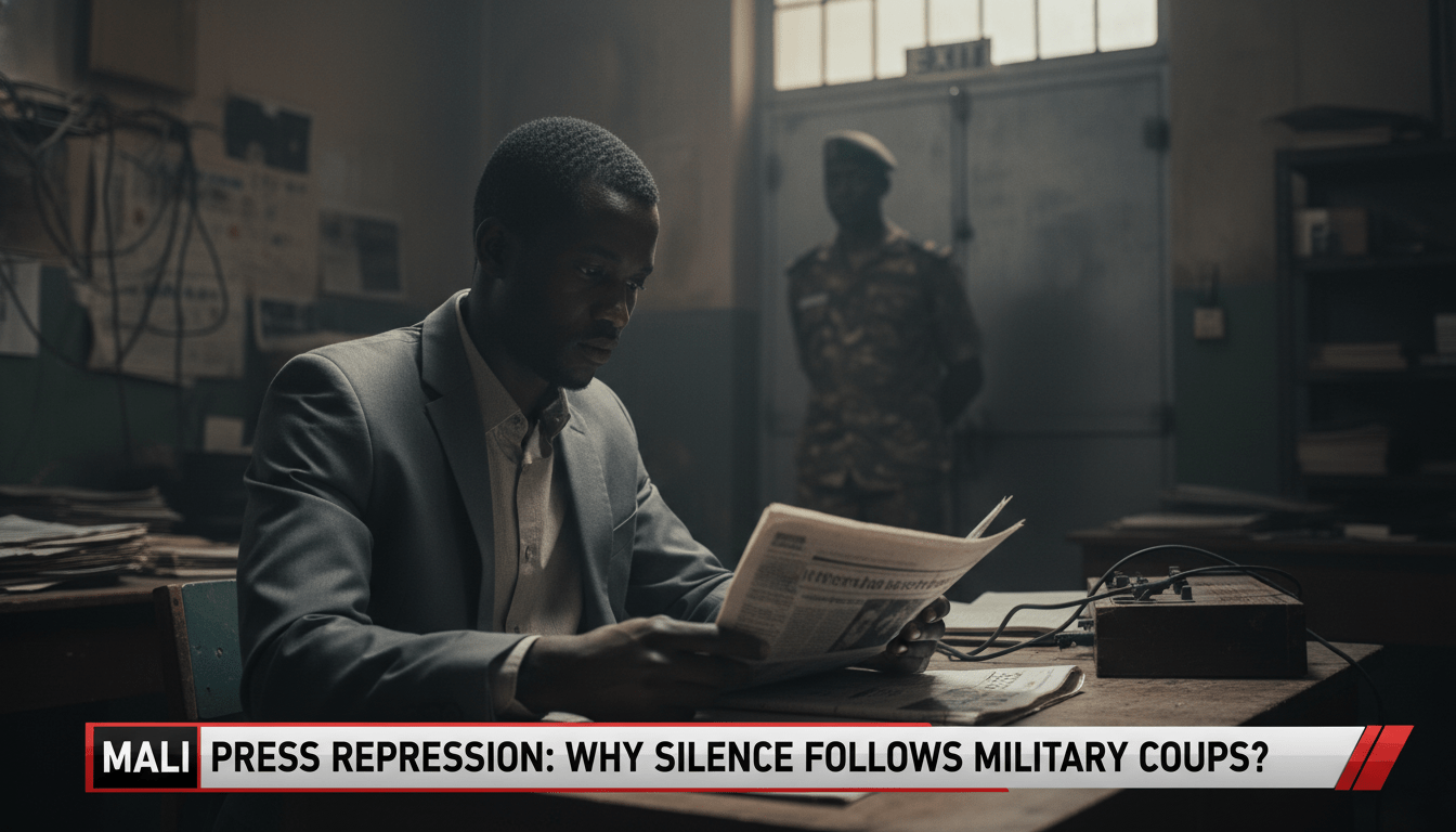 Cinematic photorealistic news broadcast style image. A focused West African male journalist sits at a desk in a shadowy, dimly lit newsroom in Bamako, looking somberly at a printed newspaper with a look of concern. The lighting is moody and dramatic, capturing an atmosphere of tension and silence. In the blurred background, a generic figure in a military-style uniform stands near an exit, symbolizing state presence. At the bottom of the frame, a professional, bold TV news lower-third graphic with a high-contrast design contains the exact legible text: "Mali Press Repression: Why Silence Follows Military Coups?". High-quality editorial photography, 8k, sharp details, shallow depth of field.