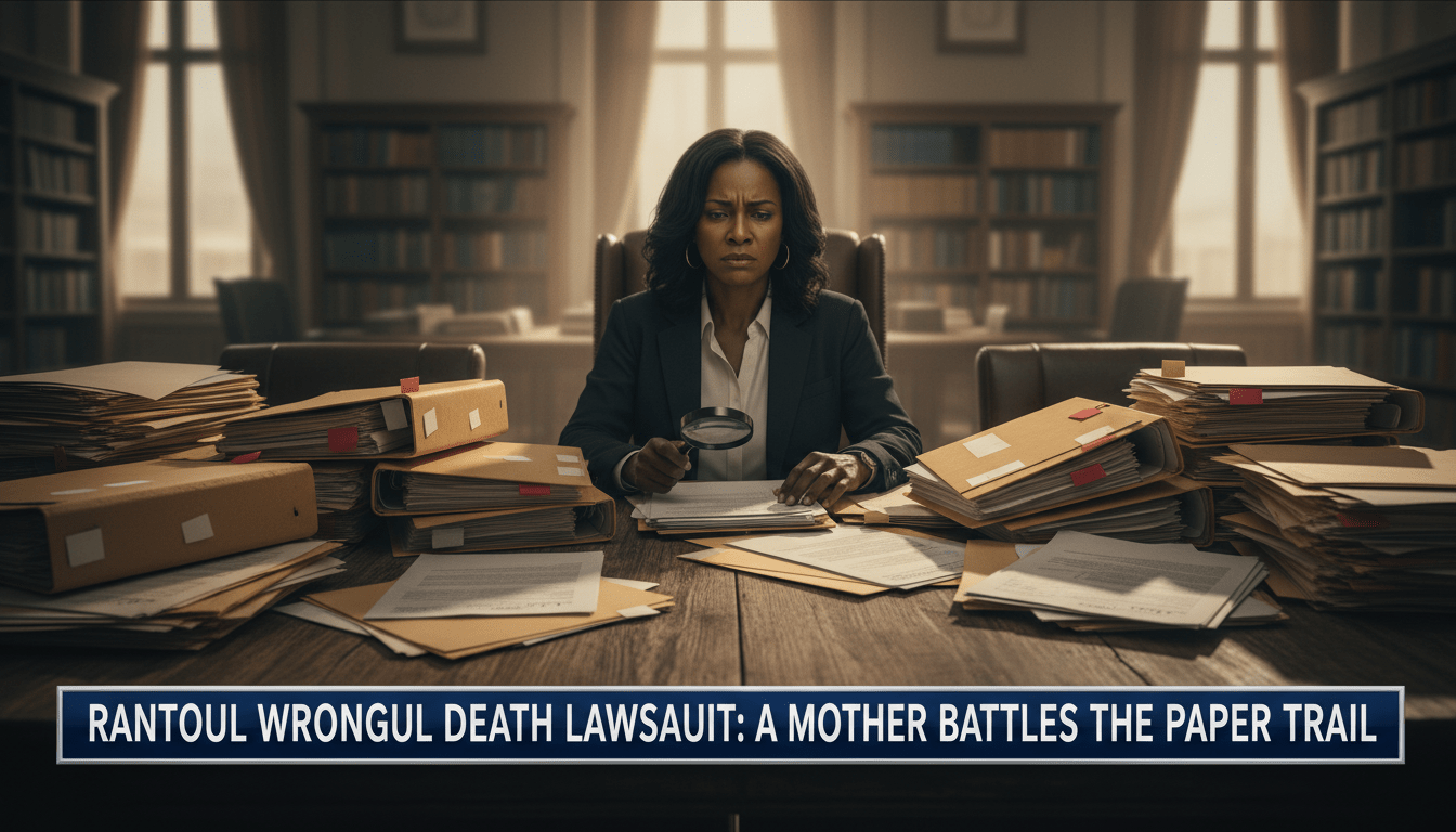 A cinematic, photorealistic news-style illustration. An African American woman in her 40s sits at a wooden table, her face showing a mix of grief and resolve. She is surrounded by a vast "paper trail" of legal documents, manila folders, and official records spread out before her, symbolizing an intensive investigation. The background is a softly blurred, dignified courtroom or legal library with warm, somber lighting and cinematic shadows. The image is framed as a professional news broadcast. At the bottom of the image, there is a bold, high-contrast TV news lower-third banner in navy blue and silver. On the banner, the text reads exactly: "Rantoul Wrongful Death Lawsuit: A Mother Battles the Paper Trail". High-quality, 8k, editorial photography style.