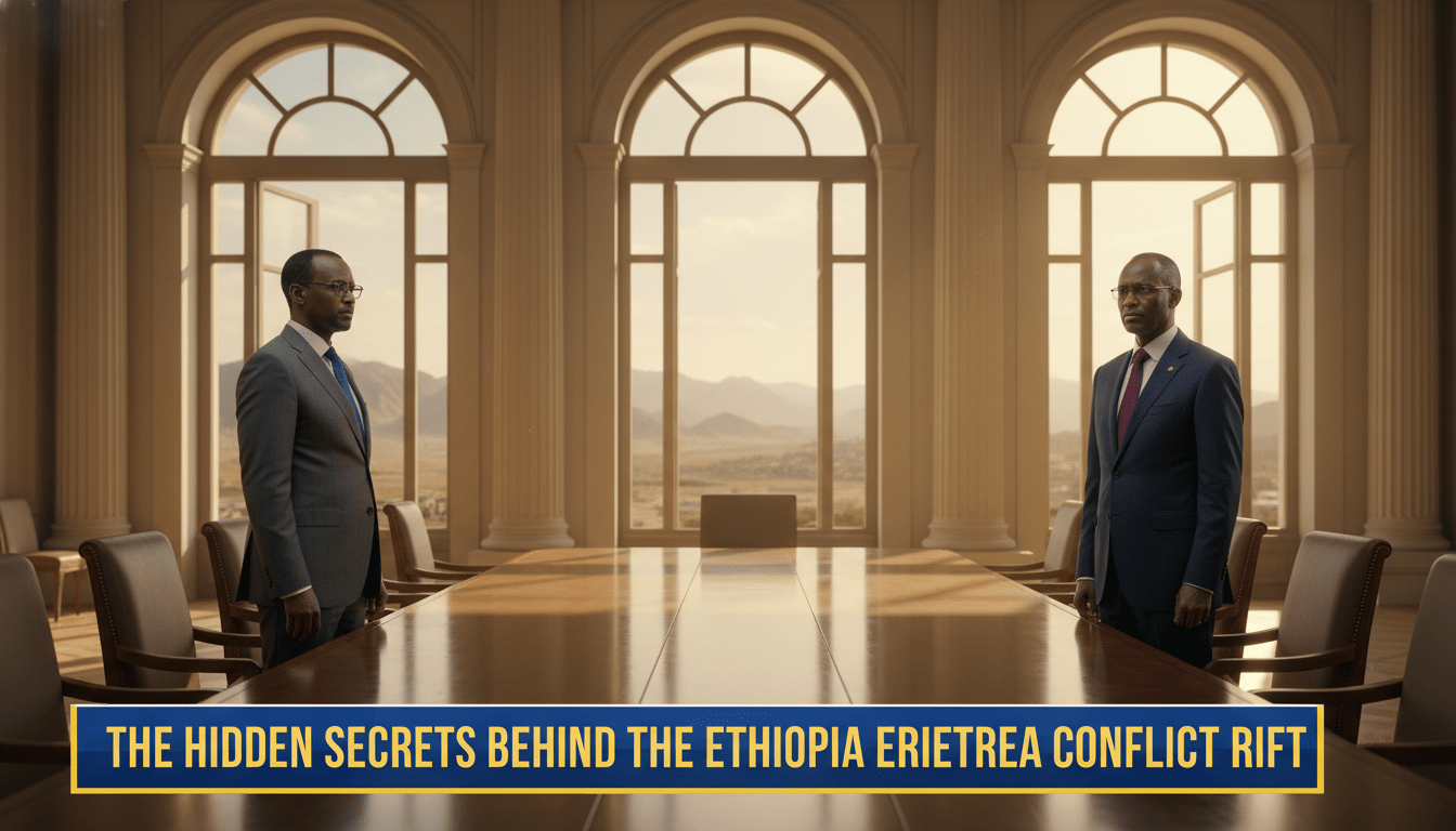 A photorealistic, cinematic news broadcast still featuring two East African male leaders in formal suits standing at opposite ends of a long, polished wooden conference table in a grand, sun-drenched government hall. The atmosphere is tense and solemn, reflecting a diplomatic rift. Through the large windows, a dramatic landscape of the Horn of Africa is visible under a hazy sky. The framing is a medium-wide editorial shot with a shallow depth of field. At the bottom of the image, there is a professional, bold TV-news style lower-third banner in high-contrast blue and gold. The text on the banner reads exactly: "The Hidden Secrets Behind the Ethiopia Eritrea Conflict Rift".