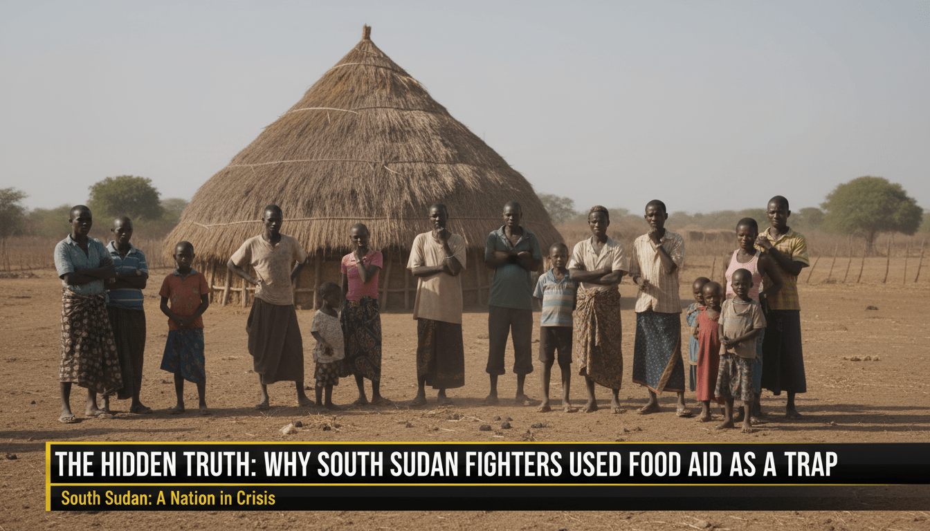 A photorealistic, cinematic editorial image in a news broadcast style. The scene depicts a group of South Sudanese villagers—men, women, and children—gathering in a dusty rural village square with expressions of weary anticipation. In the background, a large, traditional conical thatched cattle stable, known as a luak, stands under a harsh, high-contrast afternoon sun. The atmosphere is somber and heavy with a sense of solemnity. The framing is a wide-angle shot typical of international news coverage, focusing on the community's vulnerability. At the bottom of the image, there is a professional, high-contrast TV-news style lower-third banner with bold, legible text that reads exactly: "The Hidden Truth: Why South Sudan Fighters Used Food Aid as a Trap".