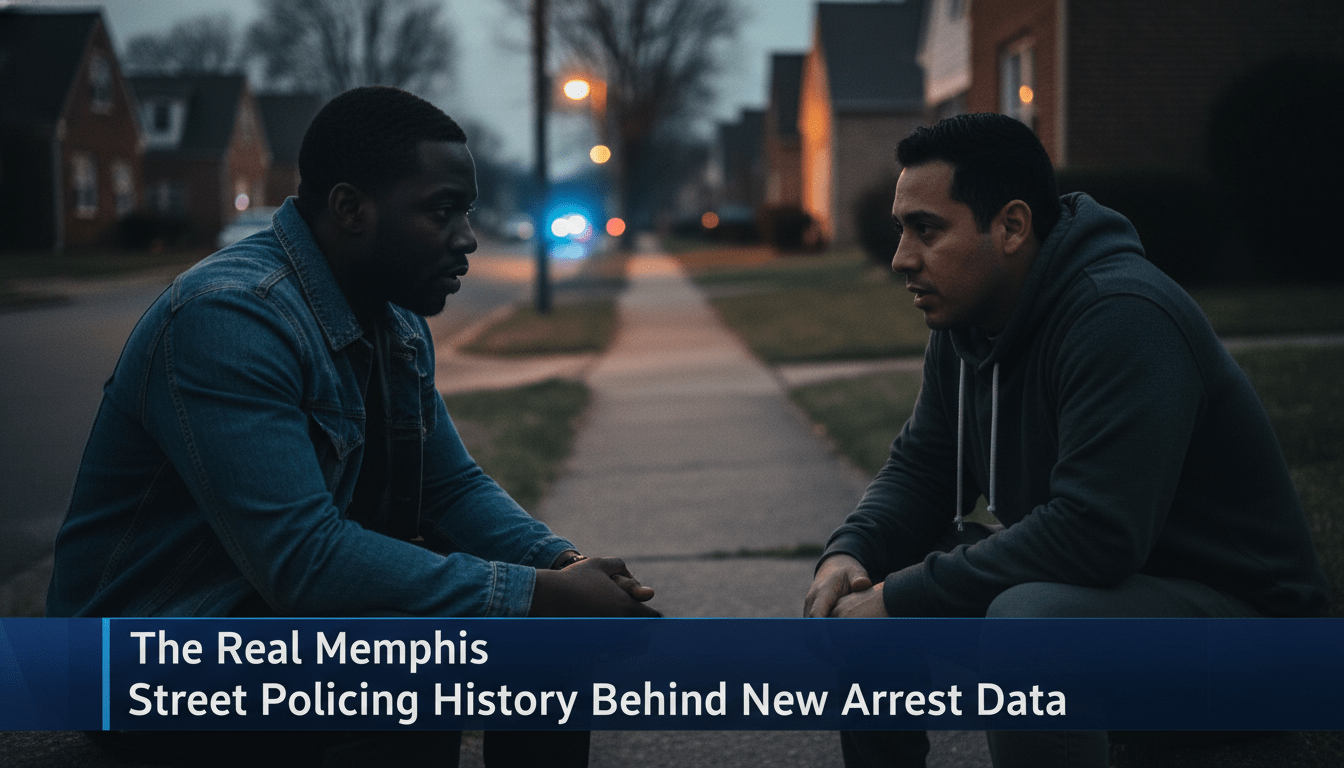 Cinematic, photorealistic editorial news shot of a residential Memphis neighborhood street at dusk. In the foreground, an African American man and a Latino man are seen in a solemn conversation on a sidewalk, representing the local community. In the background, the soft, out-of-focus glow of blue and red police lights reflects off the pavement and brick buildings, suggesting a law enforcement presence without depicting specific vehicles or officers. The lighting is dramatic and moody, with high-contrast shadows. At the bottom of the frame, there is a professional, high-contrast TV news lower-third banner in dark navy blue with a slight gradient. The banner features bold, white, legible sans-serif text that reads exactly: "The Real Memphis Street Policing History Behind New Arrest Data". 8k resolution, news broadcast aesthetic.