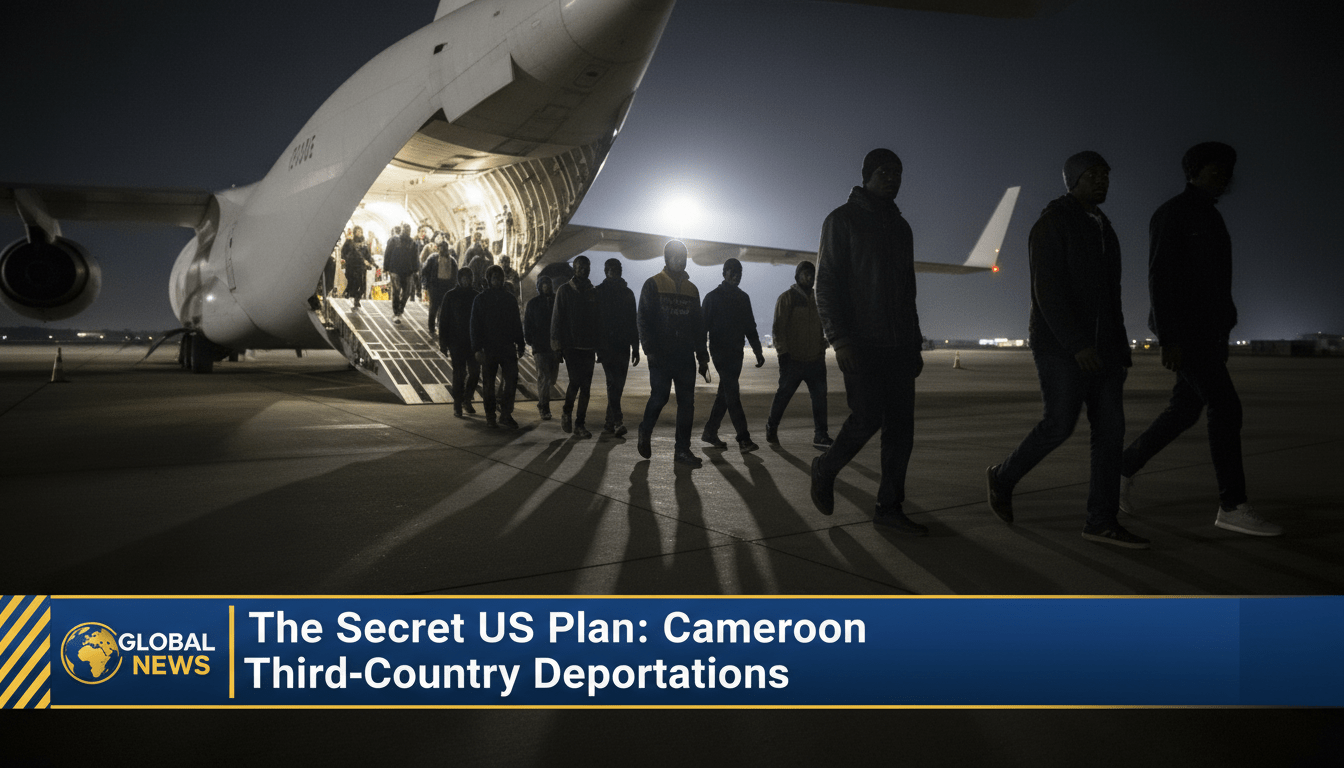 A cinematic, photorealistic news broadcast still depicting a group of diverse Black migrants of African and Caribbean descent standing on a dark airport tarmac at night. The individuals appear weary and somber, being escorted toward the open ramp of a large, unmarked white transport plane. The scene is illuminated by harsh, industrial floodlights creating dramatic shadows and a high-stakes atmosphere. The shot is framed from a low angle in a professional editorial style. At the bottom of the frame, a bold, high-contrast TV news lower-third banner is clearly visible. The banner features a dark blue background with white and yellow accents, containing the exact text in a clean, bold sans-serif font: "The Secret US Plan: Cameroon Third-Country Deportations".