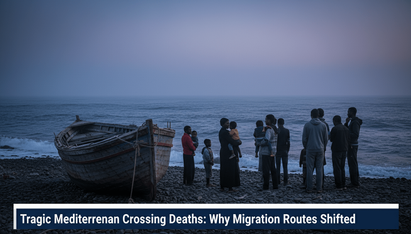 Editorial news broadcast style, wide-angle cinematic shot. A somber and evocative scene at a Mediterranean coastline during the blue hour of dawn. In the foreground, a weathered, empty wooden boat rests on a rocky shoreline, symbolizing the dangerous journey. In the mid-ground, a group of people including Sub-Saharan African families and North African men are gathered, looking out toward the vast, choppy dark blue sea with expressions of solemn reflection and resilience. The lighting is dramatic, featuring deep shadows and a cold, misty atmosphere over the water. At the bottom of the frame, a professional, high-contrast TV news lower-third banner is overlaid. The banner is dark navy with a white accent bar, featuring bold, legible text that reads exactly: "Tragic Mediterranean Crossing Deaths: Why Migration Routes Shifted". Photorealistic, 8k resolution, editorial photography style.