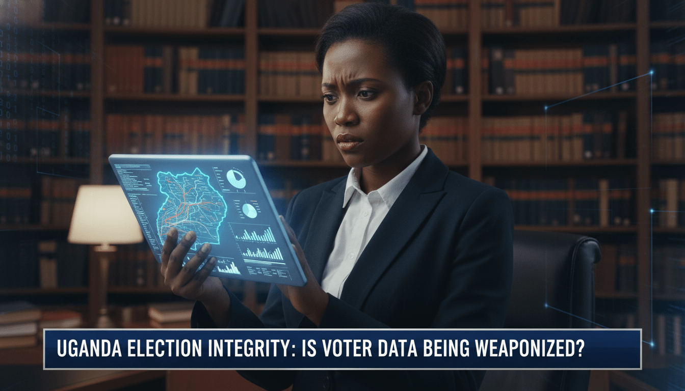 A cinematic, high-quality editorial photograph of an East African woman in professional business attire, looking concerned and focused while examining a glowing digital tablet. The tablet displays a map of Uganda and complex data visualizations. The setting is a modern, slightly shadowed office with bookshelves filled with legal volumes in the background. A subtle holographic digital grid or binary code pattern is superimposed over part of the scene to represent digital surveillance and data protection. The lighting is dramatic and moody, with a shallow depth of field. Across the bottom of the image is a bold, high-contrast TV news lower-third banner in navy blue and silver. The banner features the text: "Uganda Election Integrity: Is Voter Data Being Weaponized?" in a clean, professional, and highly legible sans-serif font.