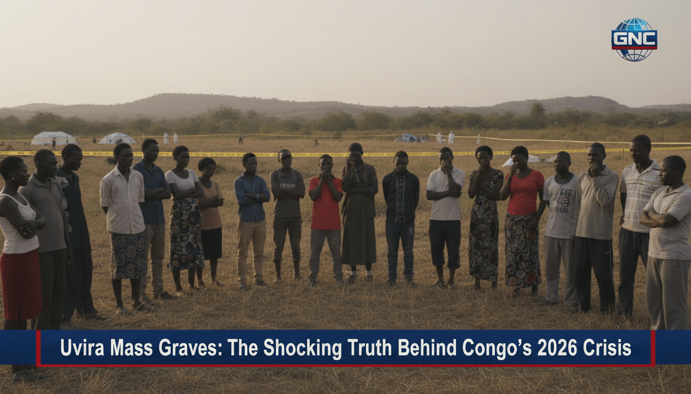 A cinematic, photorealistic news broadcast frame set in the outskirts of Uvira, Democratic Republic of the Congo. The scene depicts a group of African men and women standing together with expressions of profound grief and solemnity. In the background, a grassy field near rolling hills is cordoned off with yellow forensic tape, suggesting an active investigation site. The lighting is somber, with a hazy, late-afternoon sun casting long shadows across the landscape. The composition is a professional editorial wide-shot. At the bottom of the frame is a bold, high-contrast TV news lower-third banner in dark blue and red. The white, legible, sans-serif text on the banner reads exactly: "Uvira Mass Graves: The Shocking Truth Behind Congo's 2026 Crisis"