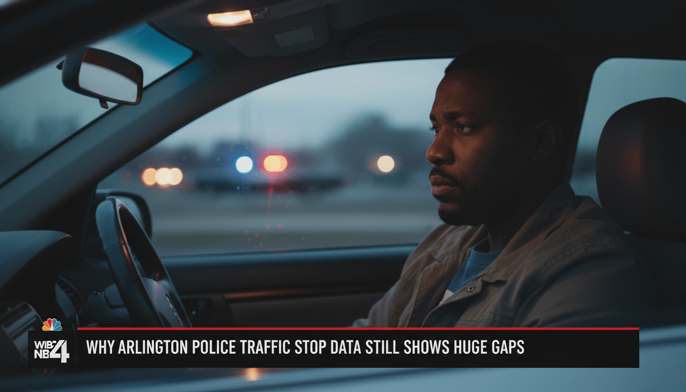 A cinematic, photorealistic news broadcast-style shot of an African American driver sitting in a vehicle at dusk, looking thoughtfully into the rearview mirror. In the blurred background, the distinct red and blue glow of emergency vehicle lights reflects off the glass and interior surfaces, creating a solemn and serious atmosphere. The framing is an editorial medium shot with a shallow depth of field. At the bottom of the frame, there is a professional, bold TV news lower-third graphic banner with a high-contrast background. The banner features crisp, legible text that reads exactly: "Why Arlington Police Traffic Stop Data Still Shows Huge Gaps".
