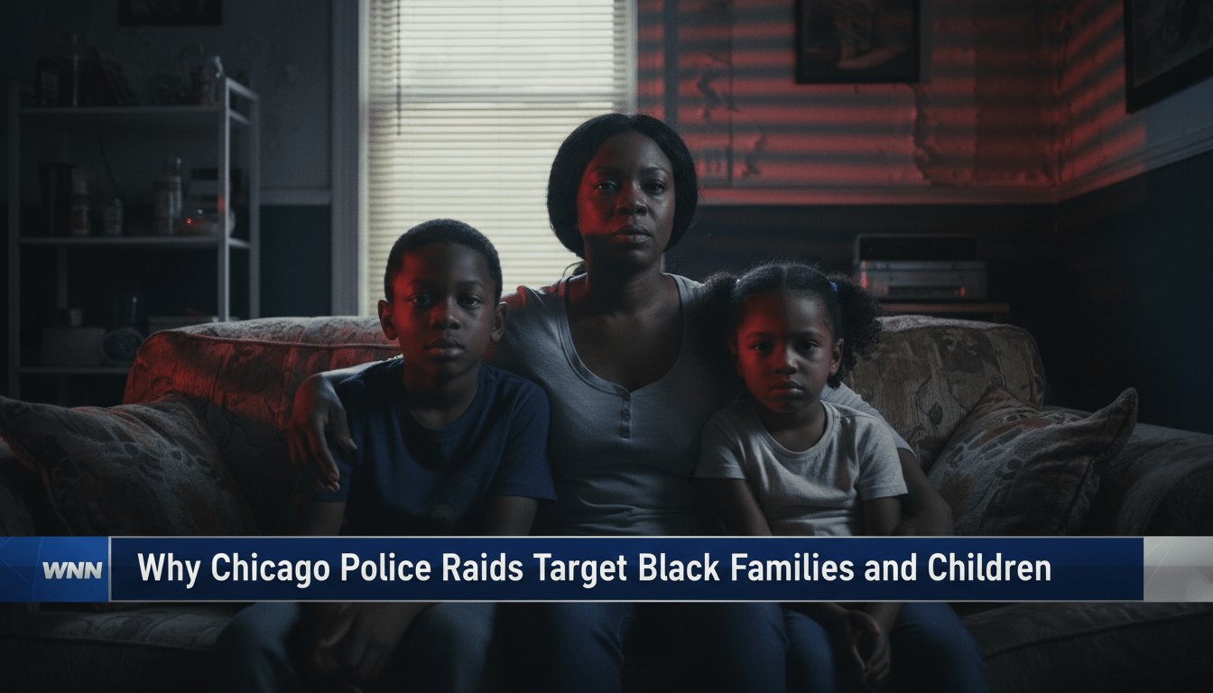 Cinematic, photorealistic news broadcast still depicting an African American mother and her two young children sitting together on a sofa in a dimly lit urban living room. The family’s expressions are somber and serious, reflecting a mood of quiet resilience and tension. The lighting is high-contrast editorial style, with subtle red and blue emergency light reflections casting a glow through the window blinds onto the background wall, suggesting a nearby police presence without showing any officers or equipment. At the bottom of the frame is a professional, high-contrast TV news lower-third banner in a sleek navy and silver design. The banner features bold, legible white sans-serif text that reads exactly: "Why Chicago Police Raids Target Black Families and Children".