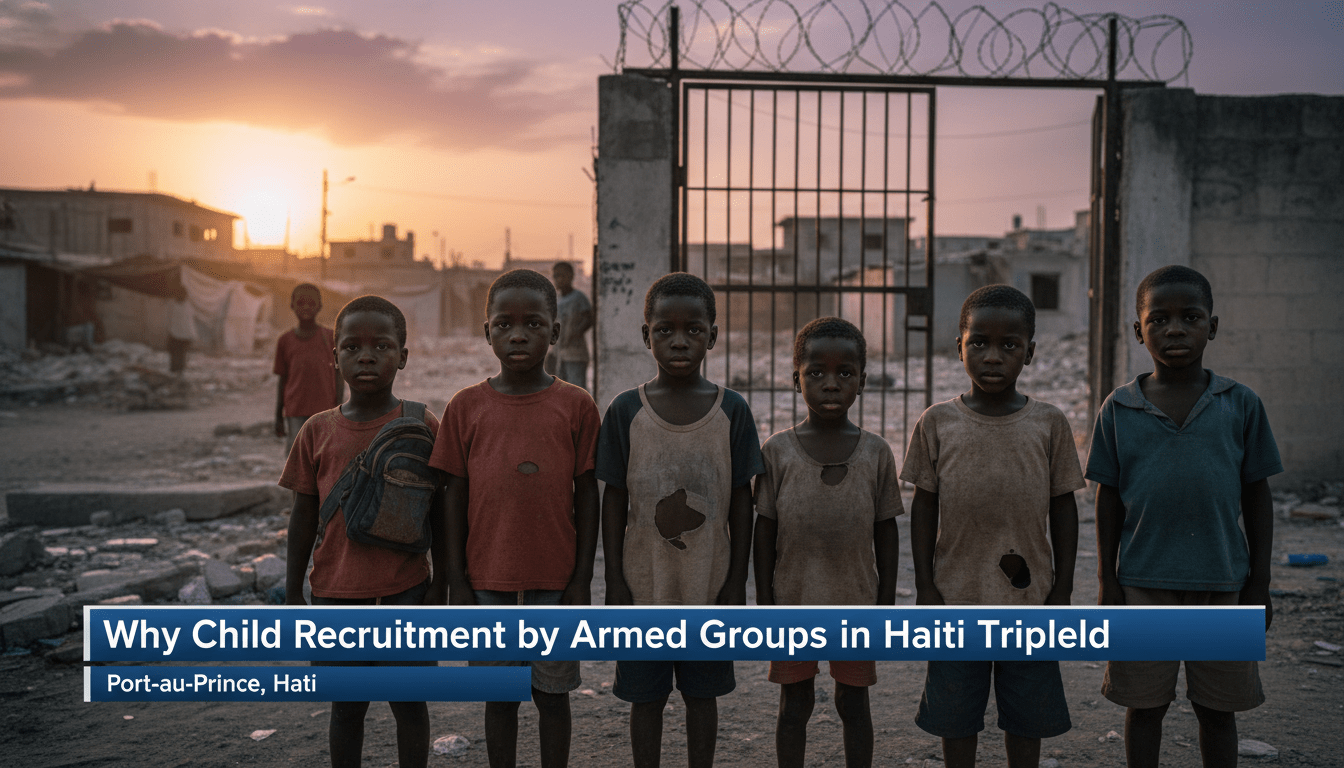 A cinematic, photorealistic editorial news photograph of a group of Haitian children of African descent standing in a dusty, fragmented urban neighborhood in Port-au-Prince. The children have solemn, uncertain expressions, capturing a sense of vulnerability. In the background, the sun sets over a landscape of crumbling concrete buildings and a closed, padlocked school gate, symbolizing the loss of education. The atmosphere is hazy and urgent, shot with a shallow depth of field. At the bottom of the frame, there is a professional TV news lower-third graphic—a bold, high-contrast blue and white banner—with legible, sharp text that reads exactly: "Why Child Recruitment by Armed Groups in Haiti Tripled".