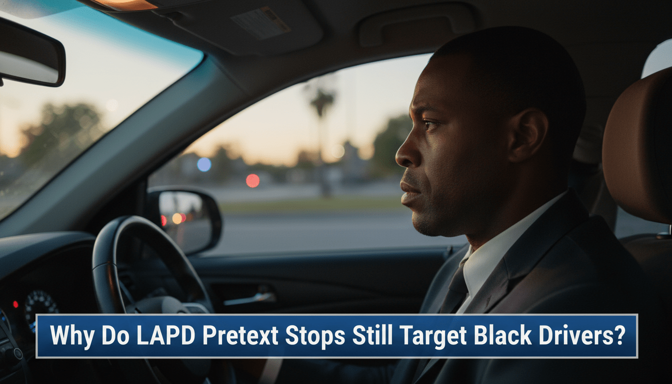 A cinematic and photorealistic editorial-style image. The scene is set inside a car on a Los Angeles street at dusk. An African American driver is seen in a side profile, looking somberly toward the rearview mirror where blurred red and blue emergency lights are visible in the background through the rear window. The atmosphere is tense and solemn with high-end cinematic lighting. The image features a professional, bold TV news lower-third banner across the bottom in a high-contrast blue and white color scheme. The banner text reads exactly: "Why Do LAPD Pretext Stops Still Target Black Drivers?". Sharp focus, 8k resolution, news broadcast aesthetic.