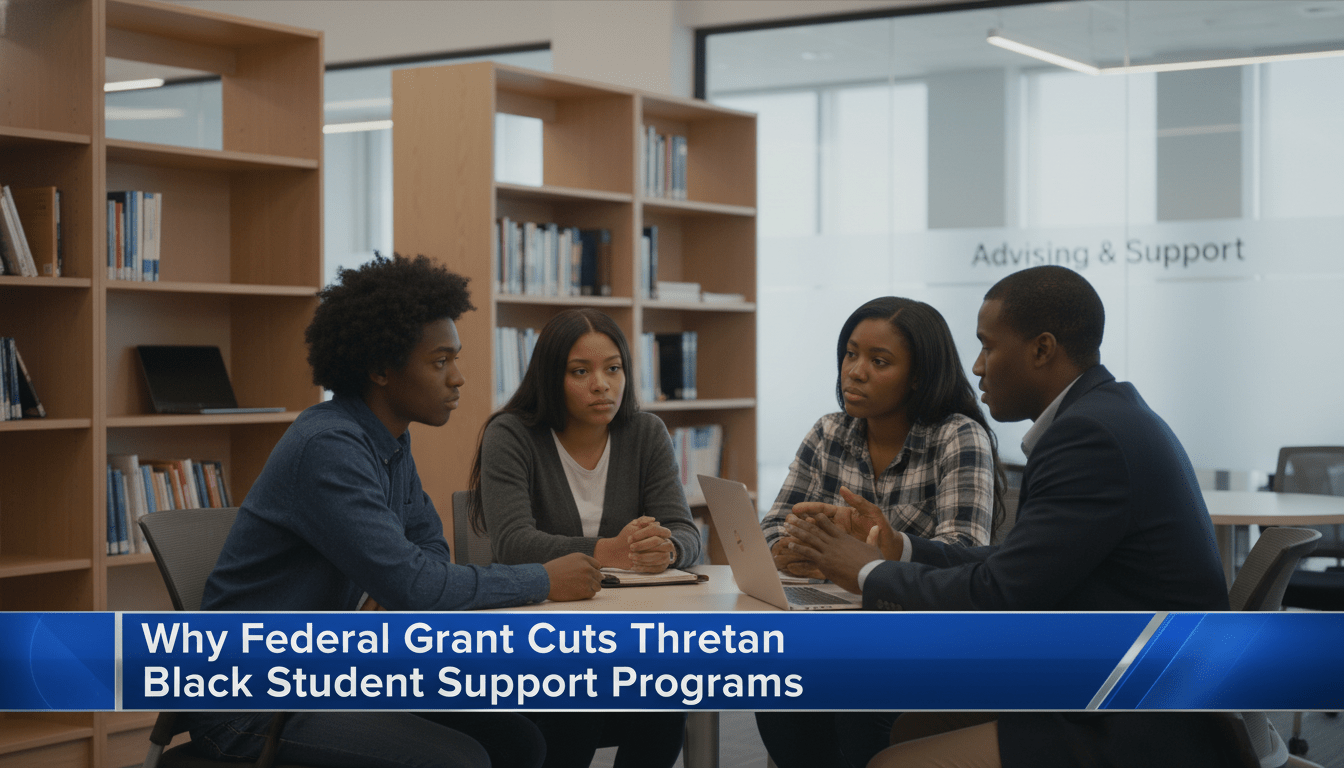Cinematic, photorealistic editorial news shot of a diverse group of African American college students engaged in a serious discussion with an academic advisor inside a brightly lit, modern university "Student Success Center." The setting includes bookshelves, laptop computers, and subtle signage in the background that reads "Advising & Support." The atmosphere is professional and somber, reflecting a high-stakes academic environment. The framing is a medium shot in a news broadcast style. At the bottom of the frame, there is a bold, high-contrast TV news lower-third banner with a sleek blue and silver professional design. The white, bold sans-serif text on the banner reads exactly: "Why Federal Grant Cuts Threaten Black Student Support Programs". 8k resolution, sharp focus, cinematic lighting.