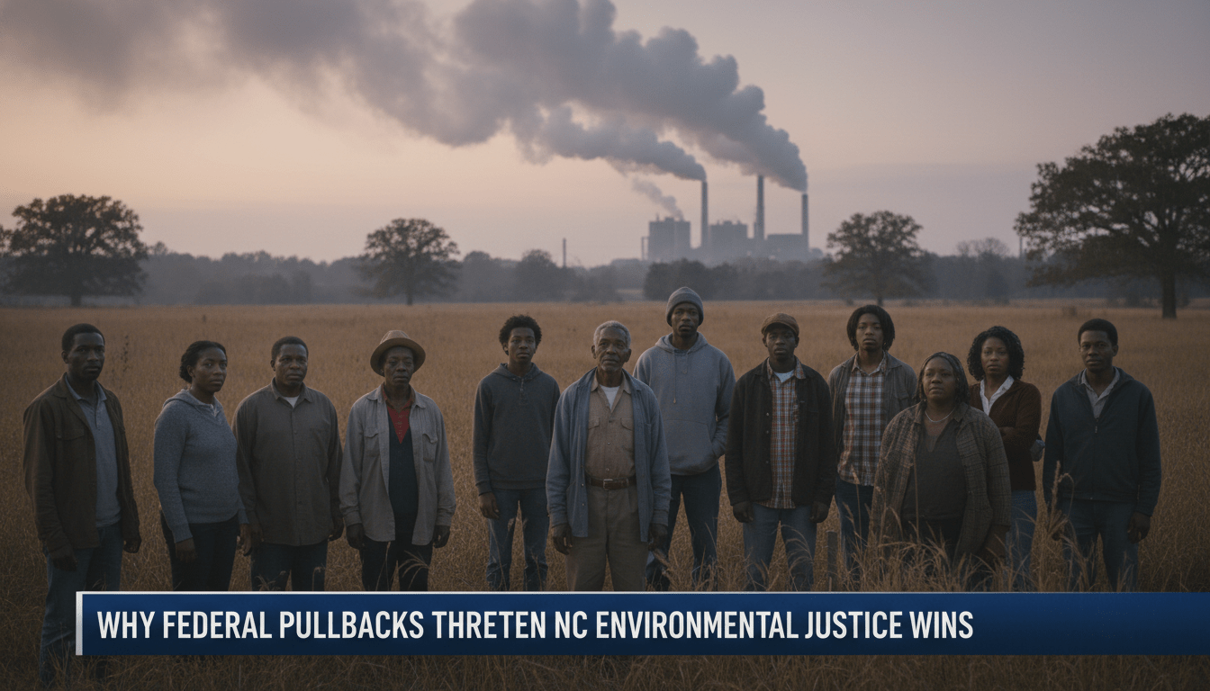 Cinematic, photorealistic editorial news photography. A multigenerational group of African American community members stands in a rural North Carolina landscape, looking with expressions of somber determination toward a distant industrial facility with smoke stacks under a hazy sky. The scene is captured in the style of a professional news broadcast with natural afternoon lighting. At the bottom of the frame, there is a bold, high-contrast TV news lower-third banner in dark navy and white. The banner features crisp, legible text that reads exactly: "Why Federal Pullbacks Threaten NC Environmental Justice Wins". The image has a shallow depth of field, keeping the community members in sharp focus while the industrial background is slightly softened, 8k resolution, broadcast quality.