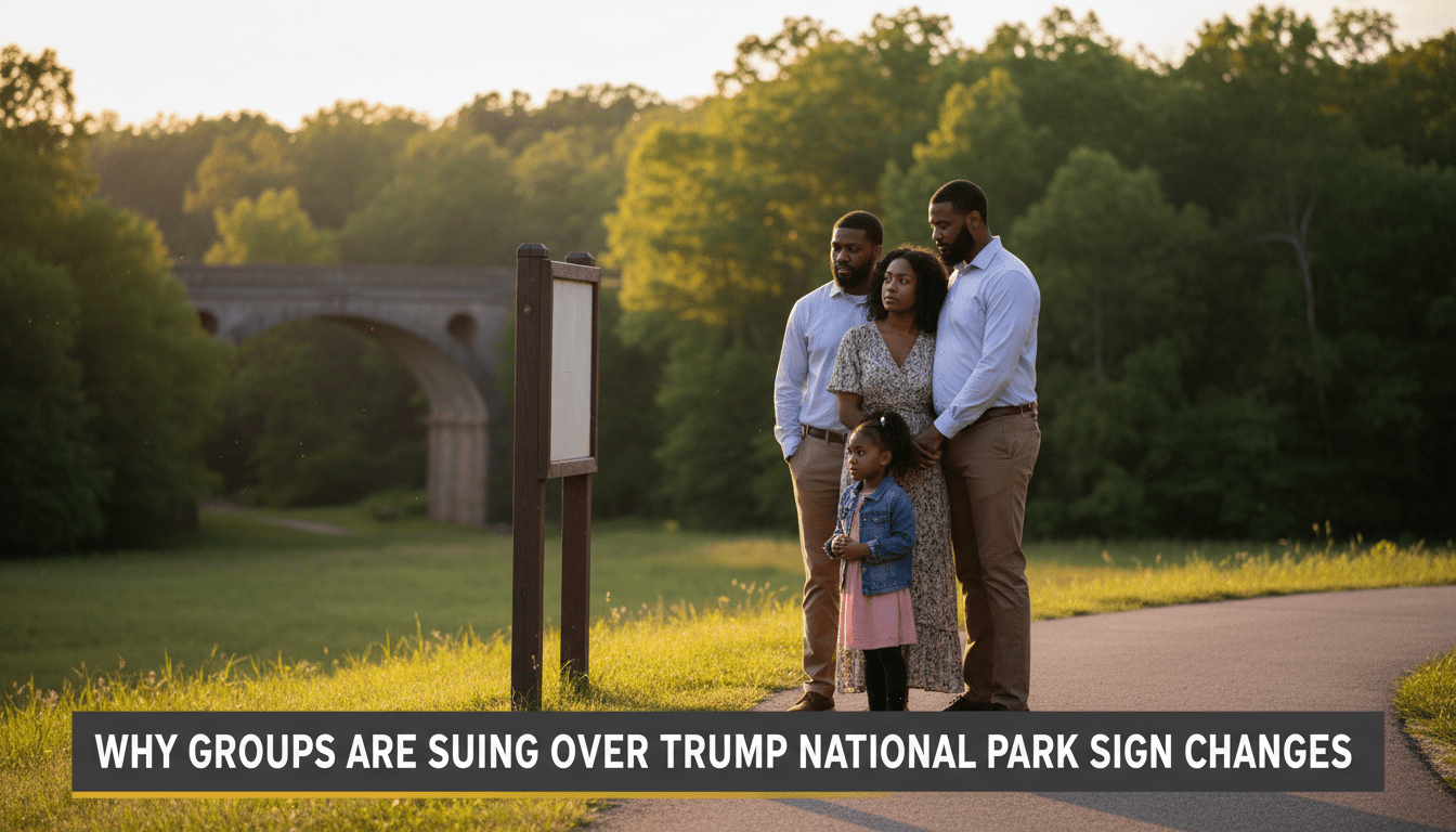 A photorealistic, cinematic wide shot of an African American family—a mother, father, and young daughter—standing solemnly on a paved trail at a National Historic Site. In the background, the silhouette of a historic bridge and lush green trees are visible under soft, dramatic golden hour sunlight. The family is looking toward a wooden historical marker frame that is noticeably empty, suggesting a missing sign. The composition is a professional editorial news photograph with a shallow depth of field. At the bottom of the frame, there is a bold, high-contrast TV-news style lower-third banner. The banner is dark charcoal with a gold accent stripe and features white, bold, legible text that reads: "Why Groups Are Suing Over Trump National Park Sign Changes".