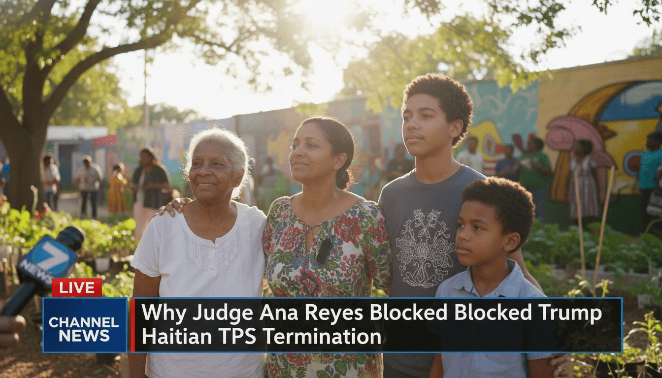 A cinematic, photorealistic news broadcast scene featuring a multi-generational Haitian-American family in a sunlit American community setting, expressing a sense of relief and hope. The composition is an editorial-style medium shot with high-end lighting and a shallow depth of field. At the bottom of the frame, there is a professional, high-contrast TV news lower-third graphic banner. The banner features bold, white, legible text that reads exactly: "Why Judge Ana Reyes Blocked Trump Haitian TPS Termination". The overall mood is solemn yet optimistic, reflecting a major legal turning point.