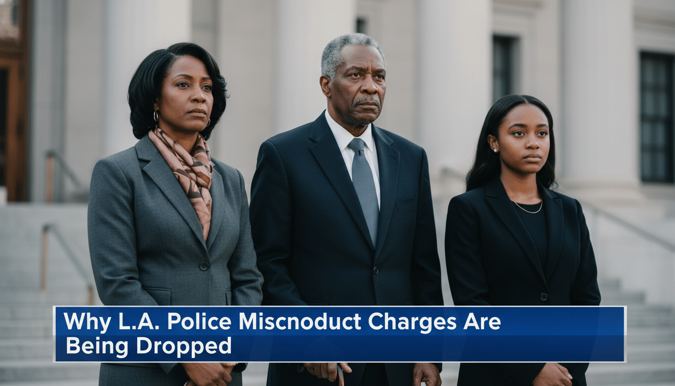 A cinematic, photorealistic editorial news photograph of a multi-generational African American family—a mother, an older man, and a young woman—standing with solemn, resilient expressions in front of a Los Angeles courthouse. The lighting is dramatic and soft, emphasizing the gravity of the scene with a shallow depth of field that blurs the civic architecture in the background. The framing is a medium-wide shot in a professional news broadcast style. At the bottom of the frame, there is a bold, high-contrast TV news lower-third banner in deep blue and silver. The banner features the exact text in a clean, white, bold sans-serif font: "Why L.A. Police Misconduct Charges Are Being Dropped".