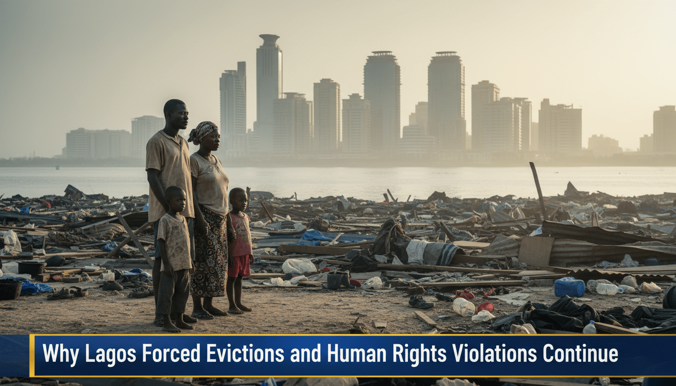 Cinematic, photorealistic editorial news photography of a poignant scene in Lagos, Nigeria. In the foreground, a Nigerian family—a man, a woman, and two children—stands amidst the remains of a demolished waterfront community, looking toward the horizon with expressions of solemnity. The mid-ground shows the structural debris of wooden stilt houses and scattered personal belongings near the lagoon's edge. In the distant background, the hazy, sun-drenched silhouette of modern, gleaming glass skyscrapers and luxury developments rises through the morning mist, creating a sharp contrast between the displaced community and the growing megacity. The lighting is dramatic morning light, capturing a news broadcast aesthetic. At the bottom of the frame, a professional, high-contrast TV news lower-third banner in deep blue and gold features bold, white, legible text that reads exactly: "Why Lagos Forced Evictions and Human Rights Violations Continue"