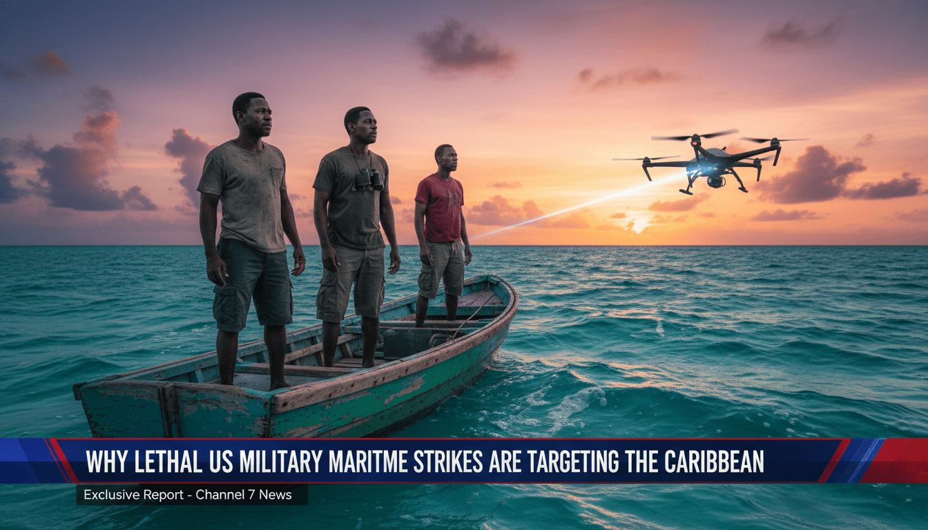 Cinematic, editorial-style wide shot of a small, rustic wooden fishing boat adrift on the deep turquoise waters of the Caribbean Sea at dusk. On the boat, three Afro-Caribbean maritime workers are depicted with expressions of concern and vigilance, looking toward the horizon. In the far distance, the silhouette of a high-tech surveillance drone is visible against a dramatic orange and purple sky, creating a sense of tension and high-stakes monitoring. The lighting is atmospheric and photorealistic, capturing the textures of the sea and the weathered wood of the vessel. At the bottom of the frame, a professional, high-contrast TV news lower-third banner is overlaid, featuring bold white text on a dark blue and red background that reads: "Why Lethal US Military Maritime Strikes Are Targeting the Caribbean".