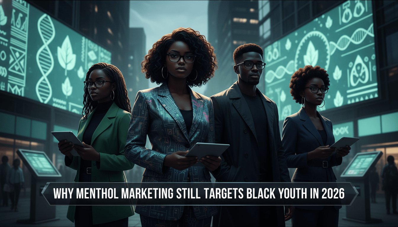 A professional TV news editorial illustration. A cinematic, photorealistic shot of a group of stylish African American young adults standing in a vibrant, modern 2026 urban city plaza at dusk. In the blurred background, large digital billboards and glowing kiosks display abstract, cool-toned teal and green patterns with stylized cultural motifs. The lighting is high-contrast and cinematic, emphasizing a serious, investigative atmosphere. At the bottom of the frame, there is a bold, professional TV news lower-third graphic banner with a dark semi-transparent background and clean white lettering that reads: "Why Menthol Marketing Still Targets Black Youth in 2026". The image is framed as a high-budget broadcast news still, with sharp focus on the subjects and a shallow depth of field.