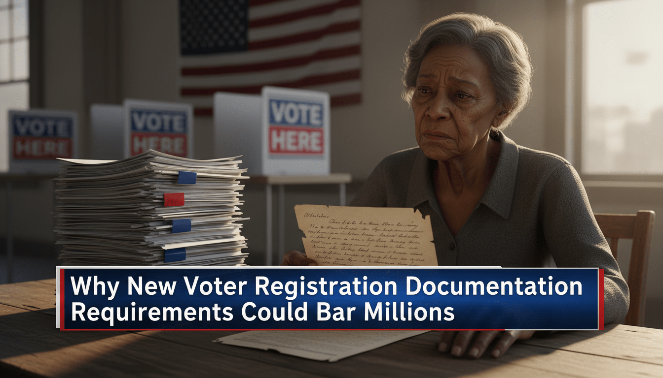 Cinematic, photorealistic editorial news shot. An elderly African American woman sits at a wooden table, looking with concern at a stack of official government forms and an old, faded document. In the background, a blurred polling station with "VOTE HERE" signs and a flag is visible, creating a solemn atmosphere. The lighting is professional and dramatic, typical of a high-end news broadcast. Across the bottom of the frame, there is a bold, high-contrast TV-news style lower-third banner. The banner features crisp, white, legible text that reads exactly: "Why New Voter Registration Documentation Requirements Could Bar Millions". 8k resolution, high-quality broadcast graphics, shallow depth of field.