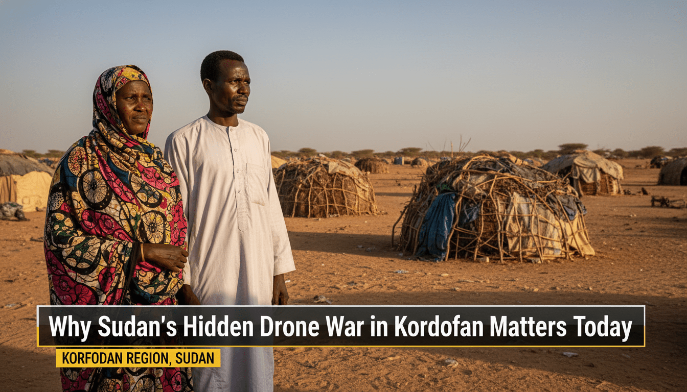 Cinematic, photorealistic editorial news photography of a group of displaced Sudanese civilians, including a woman in a traditional colorful wrap and a man in a white jalabiya, standing in a dusty, semi-arid landscape in the Kordofan region. They are looking toward the horizon with expressions of resilience and solemnity. In the background, the vast, dry terrain features makeshift nomadic shelters under a wide, clear sky. The lighting is dramatic late-afternoon golden hour, captured with a professional wide-angle lens. At the bottom of the frame, there is a sleek, professional TV-news lower-third banner with high-contrast text. The banner reads exactly: "Why Sudan’s Hidden Drone War in Kordofan Matters Today".