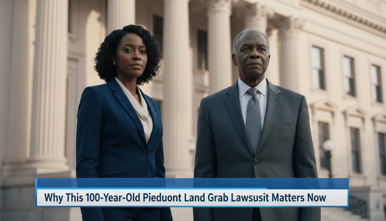 Cinematic, photorealistic editorial news photograph of a modern African American woman and an elderly African American man standing with quiet dignity and determination in front of a grand, neoclassical courthouse. The lighting is soft morning sunlight, giving the scene a serious and hopeful tone. The subjects are dressed in modern professional attire, representing descendants seeking justice. At the bottom of the frame is a professional, high-contrast TV news lower-third banner with a sleek blue and white design. The bold, legible text on the banner reads exactly: "Why This 100-Year-Old Piedmont Land Grab Lawsuit Matters Now". The background shows the architectural details of the courthouse columns in sharp focus, 8k resolution, news broadcast style.