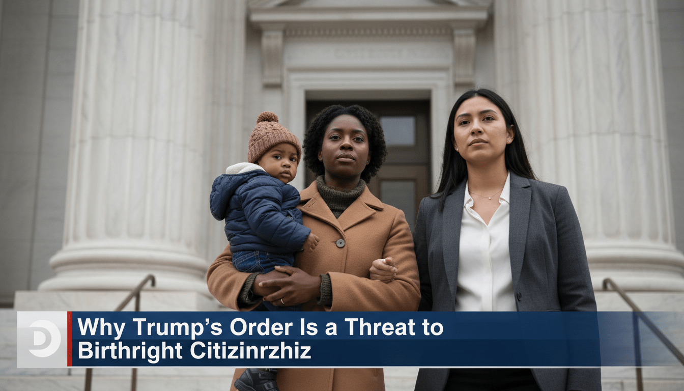 A cinematic, photorealistic editorial news shot of a diverse group of people, featuring an African American mother holding her toddler and a Latino couple standing beside them in front of the grand marble columns of a U.S. federal court building. The scene is captured in a professional news broadcast style with soft, natural lighting. At the bottom of the frame is a sleek, modern TV news lower-third banner in navy blue and white. The banner contains bold, high-contrast white text that reads exactly: "Why Trump’s Order Is a Threat to Birthright Citizenship". High resolution, sharp details, news documentary aesthetic.