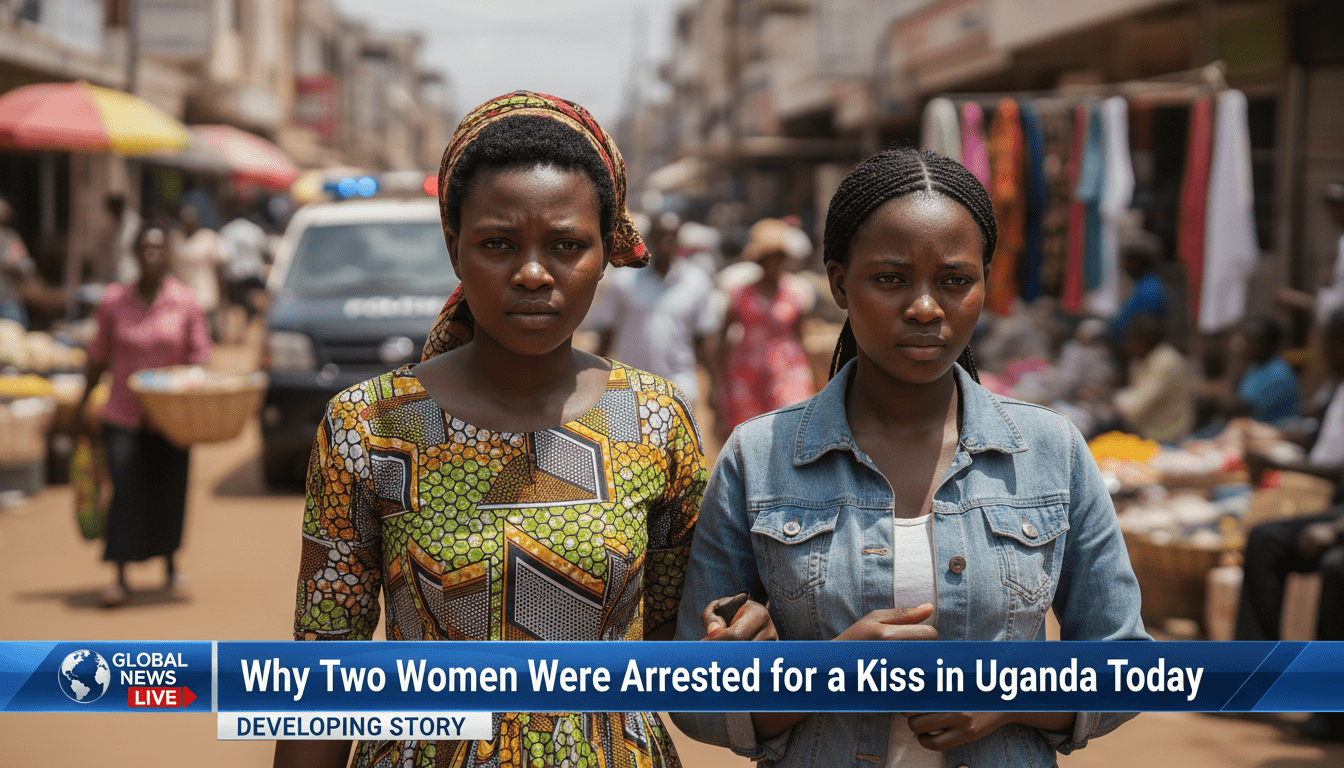 Cinematic, photorealistic editorial news photograph of two young East African women standing together on a vibrant, sun-drenched street in a Ugandan city. The women have solemn, anxious expressions, capturing a moment of tension. The background is slightly out of focus, showing a bustling market and the blurred silhouette of a generic police vehicle with blue and red lights. The framing is a medium-wide shot, common in professional news broadcasts. At the bottom of the frame, there is a bold, high-contrast TV news lower-third graphics banner with a sleek blue and white design. The banner features the large, legible text: "Why Two Women Were Arrested for a Kiss in Uganda Today"