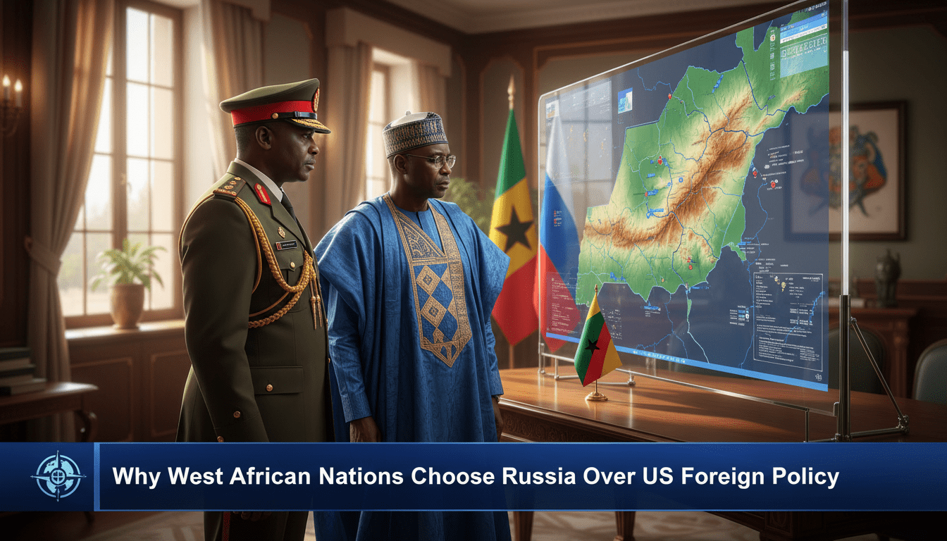 A photorealistic, cinematic news broadcast still depicting a dignified West African military leader in a formal olive-drab uniform and a civilian official in a traditional embroidered Grand Boubou, standing together in a sophisticated, sun-lit government briefing room. They are looking at a map of the Sahel region on a large digital screen. In the background, a polished wooden table holds small desk flags of a West African nation and the Russian Federation. The lighting is sharp and professional, typical of a high-budget editorial news feature. At the bottom of the frame, there is a sleek, modern television news lower-third banner with bold, high-contrast white text that reads exactly: "Why West African Nations Choose Russia Over US Foreign Policy". Professional broadcast graphics, 8k resolution, sharp focus, editorial photography style.