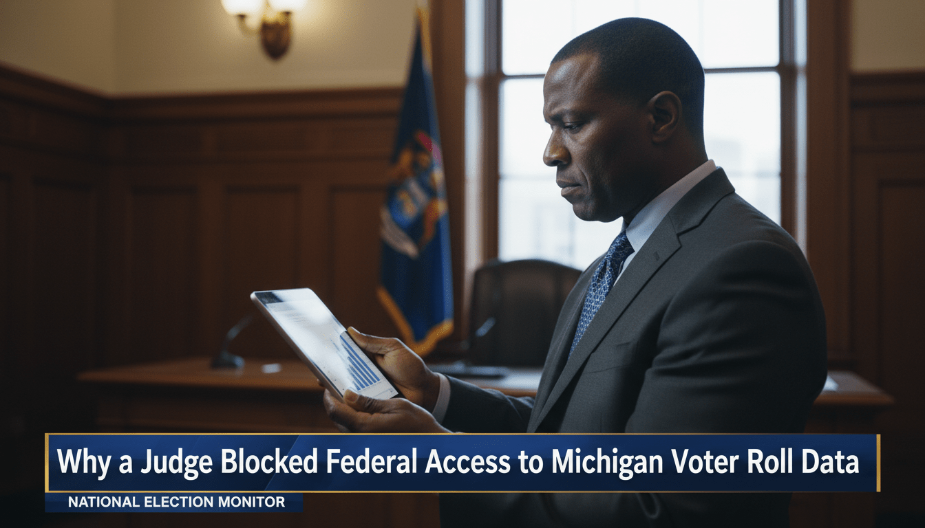 Photorealistic editorial news shot of an African American man in his 40s looking thoughtfully at a digital tablet in a professional setting, symbolizing a concerned voter. In the background, a blurred courtroom interior with mahogany wood paneling and a soft bokeh effect on a state flag. The lighting is dramatic and high-contrast, mimicking a professional news broadcast. Across the bottom of the frame, a sharp, professional TV news lower-third graphic with a dark blue and gold color scheme. The banner features bold, high-contrast white sans-serif text that reads exactly: "Why a Judge Blocked Federal Access to Michigan Voter Roll Data". High-resolution, 8k, cinematic composition.
