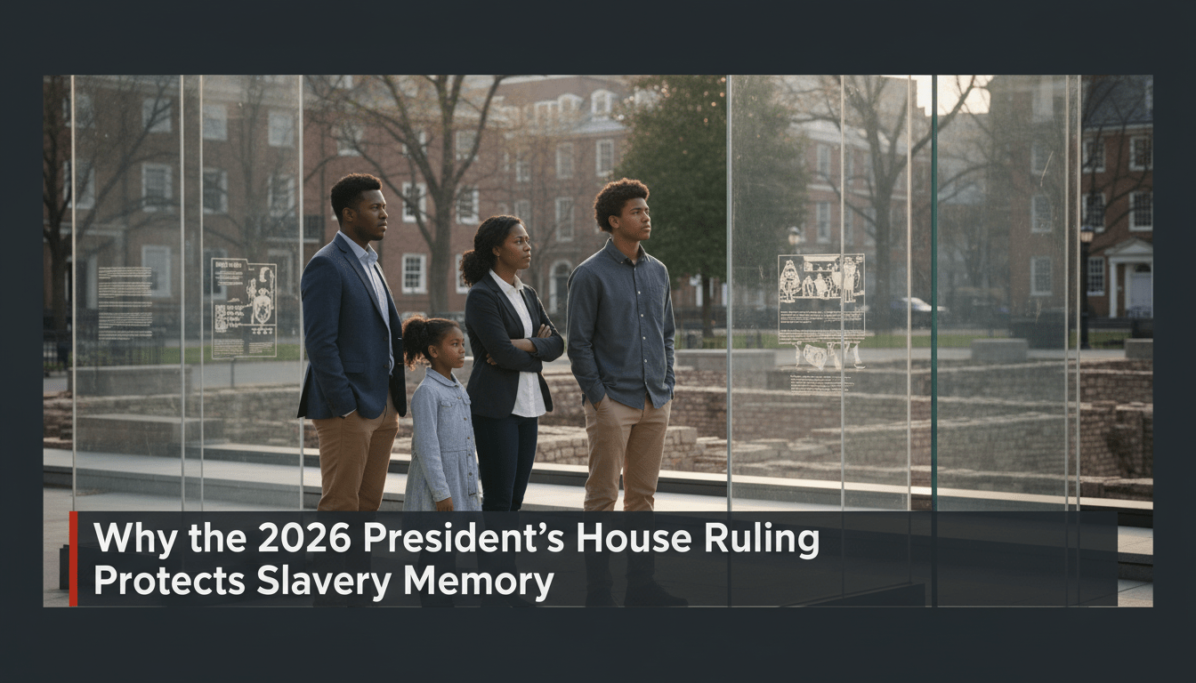 A cinematic, editorial-style photorealistic image of an African American family standing solemnly at an outdoor historical memorial site in Philadelphia. They are looking thoughtfully at a modern exhibit featuring glass educational panels and stone foundations of an 18th-century structure. The background shows a clean, urban park setting with historic brick buildings under soft afternoon sunlight. The composition is framed as a professional news broadcast still. At the bottom of the image is a bold, high-contrast TV news lower-third banner with a sleek professional design. The banner contains the exact text: "Why the 2026 President’s House Ruling Protects Slavery Memory". The text is white, bold, and highly legible against a dark, semi-transparent background. High-quality, 8k resolution, documentary photography style.