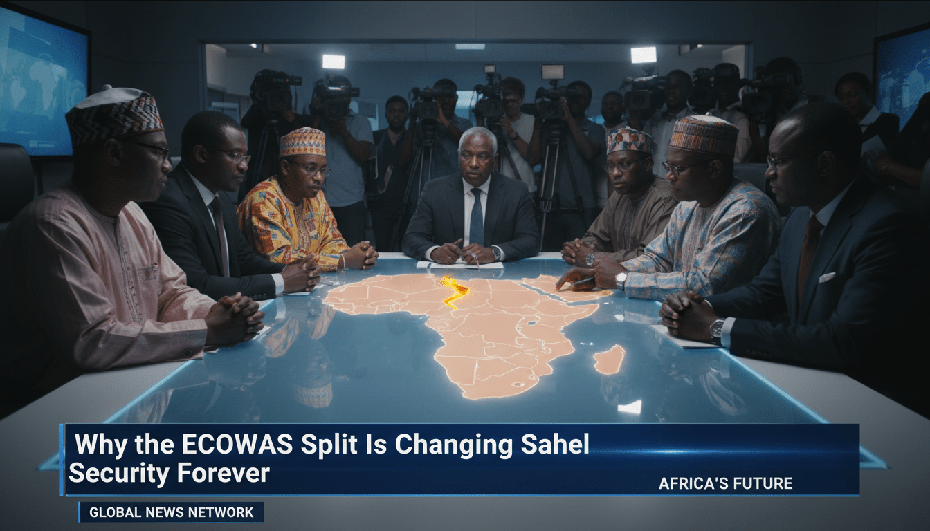 A cinematic, photorealistic news broadcast-style image. In a high-stakes diplomatic setting, a group of West African men and women in professional attire and traditional garments are gathered around a large, illuminated map of the African continent on a glass table. The map shows a highlighted, glowing rift between the Sahel region and the coastal West African nations. The lighting is dramatic and serious, with a shallow depth of field focusing on the map's divide. The background shows a blurry, modern press room. At the bottom of the screen, there is a sleek, professional TV news lower-third graphic. The bold, white text on the high-contrast banner reads exactly: "Why the ECOWAS Split Is Changing Sahel Security Forever".