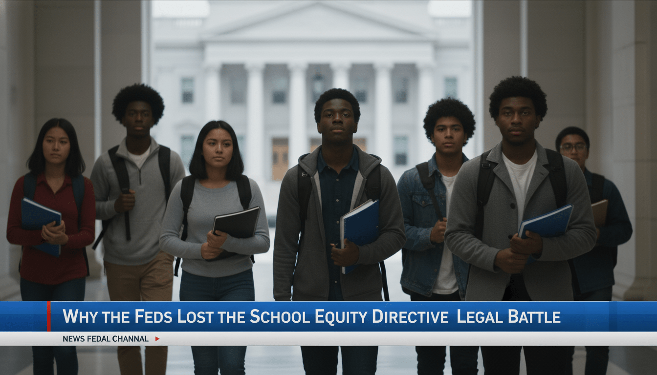 Cinematic, photorealistic editorial news shot of a diverse American high school hallway. In the foreground, a group of African American and Latino students are seen in a candid, professional "news b-roll" style, walking toward their classes with a sense of purpose. The background shows a blurred, dignified government building with classical columns, symbolizing the federal legal system. The lighting is bright and professional. At the bottom of the frame, there is a bold, high-contrast TV news lower-third graphic banner in a blue and white color scheme. The banner features the exact text in a crisp, sans-serif font: "Why the Feds Lost the School Equity Directive Legal Battle". The image has the polished look of a high-definition national news broadcast.