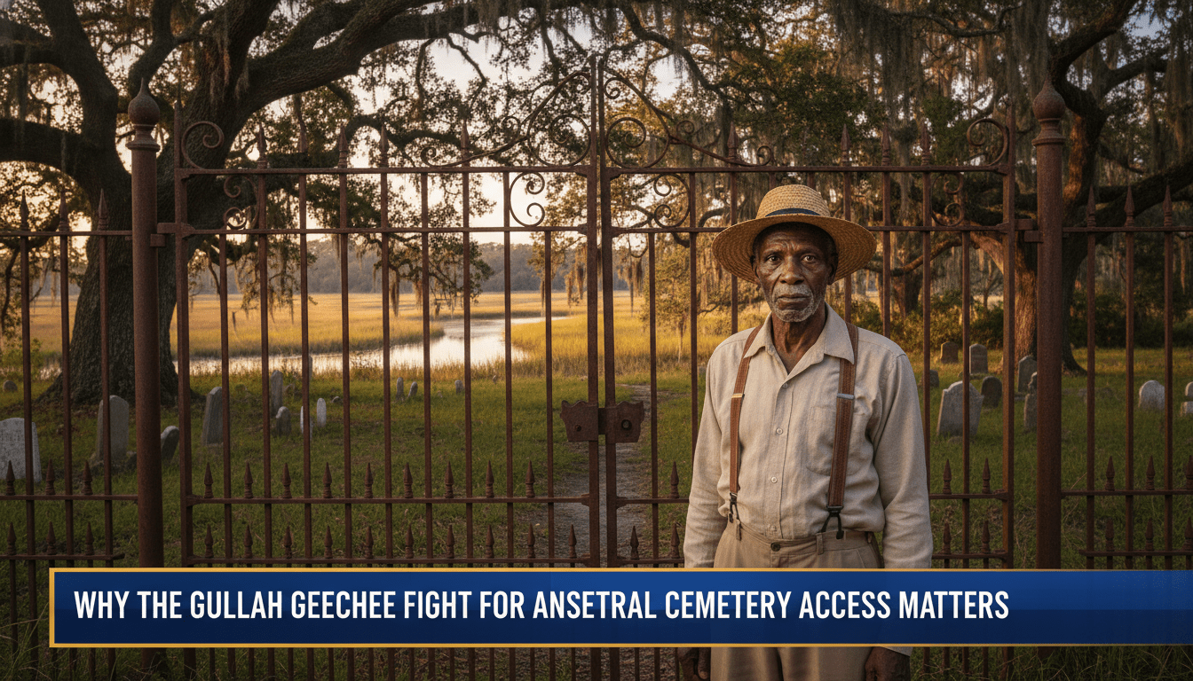 A cinematic, photorealistic editorial news shot of a solemn African American elder standing before a closed iron gate on St. Helena Island, South Carolina. The background features a lush Lowcountry landscape with moss-draped live oak trees and a glimpse of an ancestral cemetery with weathered headstones near a tidal marsh at golden hour. The atmosphere is poignant and respectful, captured in a wide-angle broadcast style. At the bottom of the frame, a professional high-contrast TV news lower-third graphic banner features the exact text: "Why the Gullah Geechee Fight for Ancestral Cemetery Access Matters" in bold, white, legible sans-serif typography.