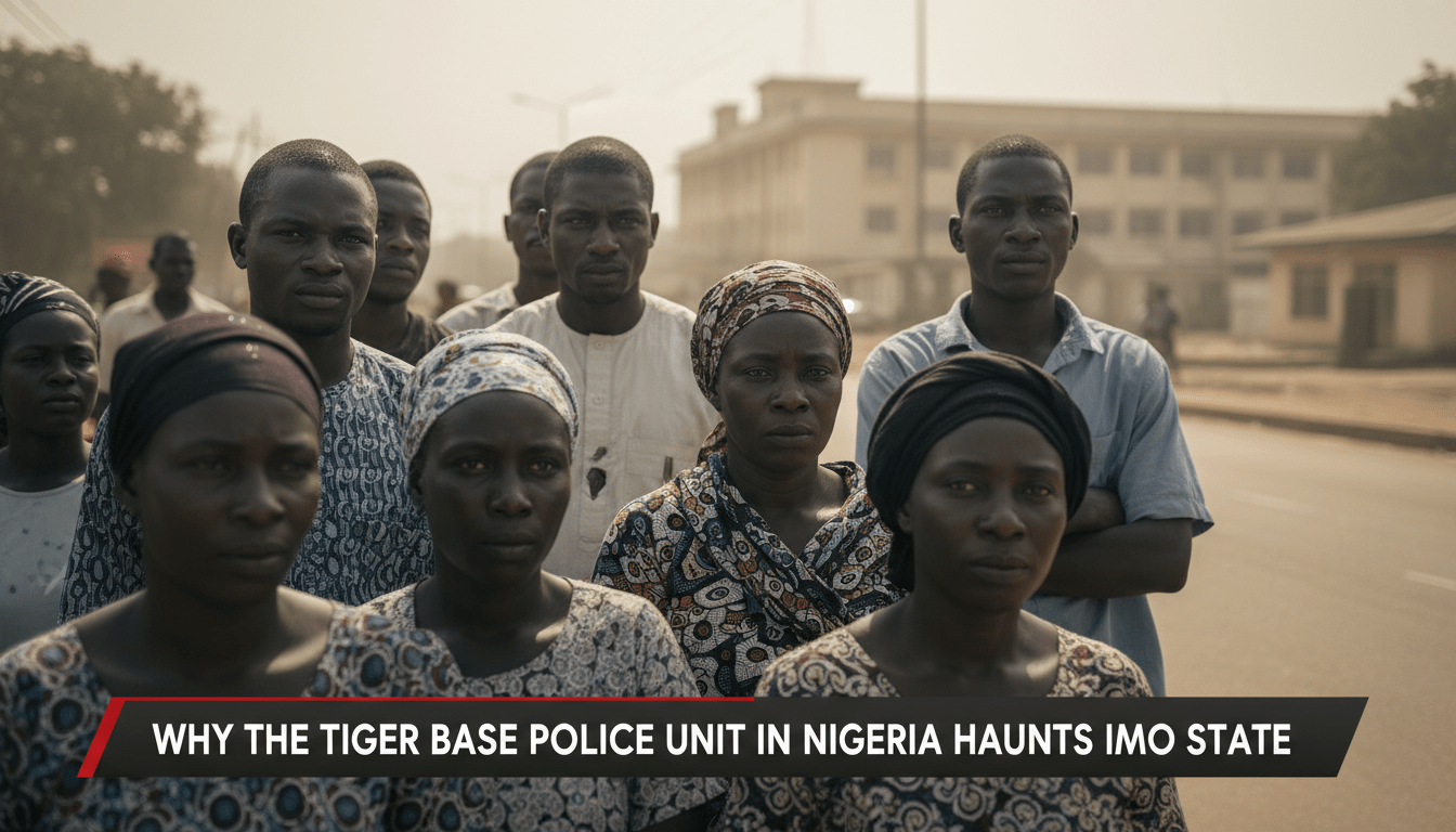Editorial news broadcast style, a cinematic photorealistic shot of a group of concerned West African civilians, men and women of various ages, standing on a street in Owerri, Nigeria. Their expressions are somber and reflective of a community seeking justice and accountability. In the background, the blurred architecture of a government facility is visible under a hazy, high-contrast afternoon sun. The framing is a medium shot with a professional news camera aesthetic. At the bottom of the frame, there is a bold, high-contrast TV-news style lower-third banner. The banner is dark charcoal with a red accent, and the text on the banner reads exactly: "Why the Tiger Base Police Unit in Nigeria Haunts Imo State". The typography is clean, white, sans-serif, and highly legible.