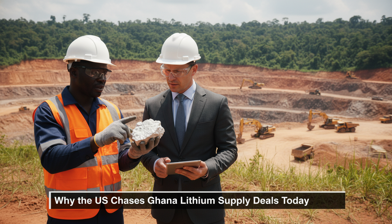Cinematic, photorealistic news broadcast image. In a modern industrial setting in Ghana, a Ghanaian mining engineer in a high-visibility vest and hard hat stands alongside an American professional in a business suit. They are looking at a sample of silvery-white lithium ore at an open-pit mine site surrounded by the lush green landscape of West Africa. Large excavators and mining equipment are visible in the background under bright, clear daylight. The style is editorial and high-quality, like a frame from a prestige news documentary. At the bottom of the image, there is a bold, high-contrast TV news lower-third banner with the exact text: "Why the US Chases Ghana Lithium Supply Deals Today" in a clean, legible, white sans-serif font.